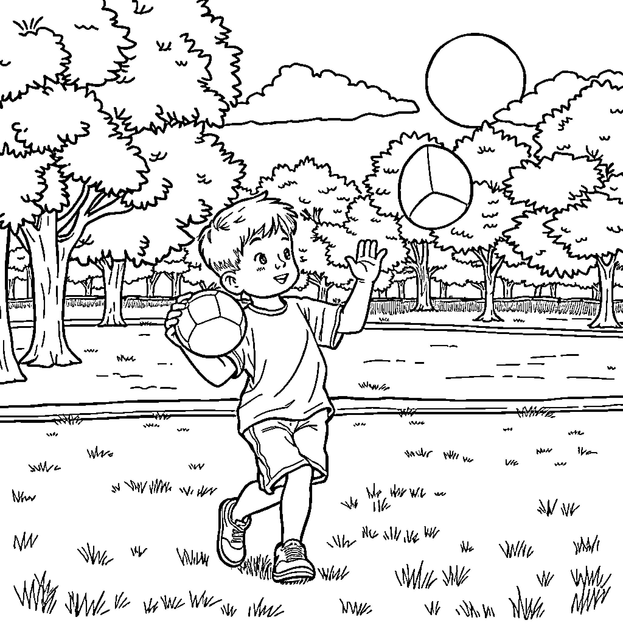Boy playing happily in the park Coloring Page (free black-and-white line drawing printable PDF for all, from beginners to advanced learners, including children, teens, adults, and seniors)