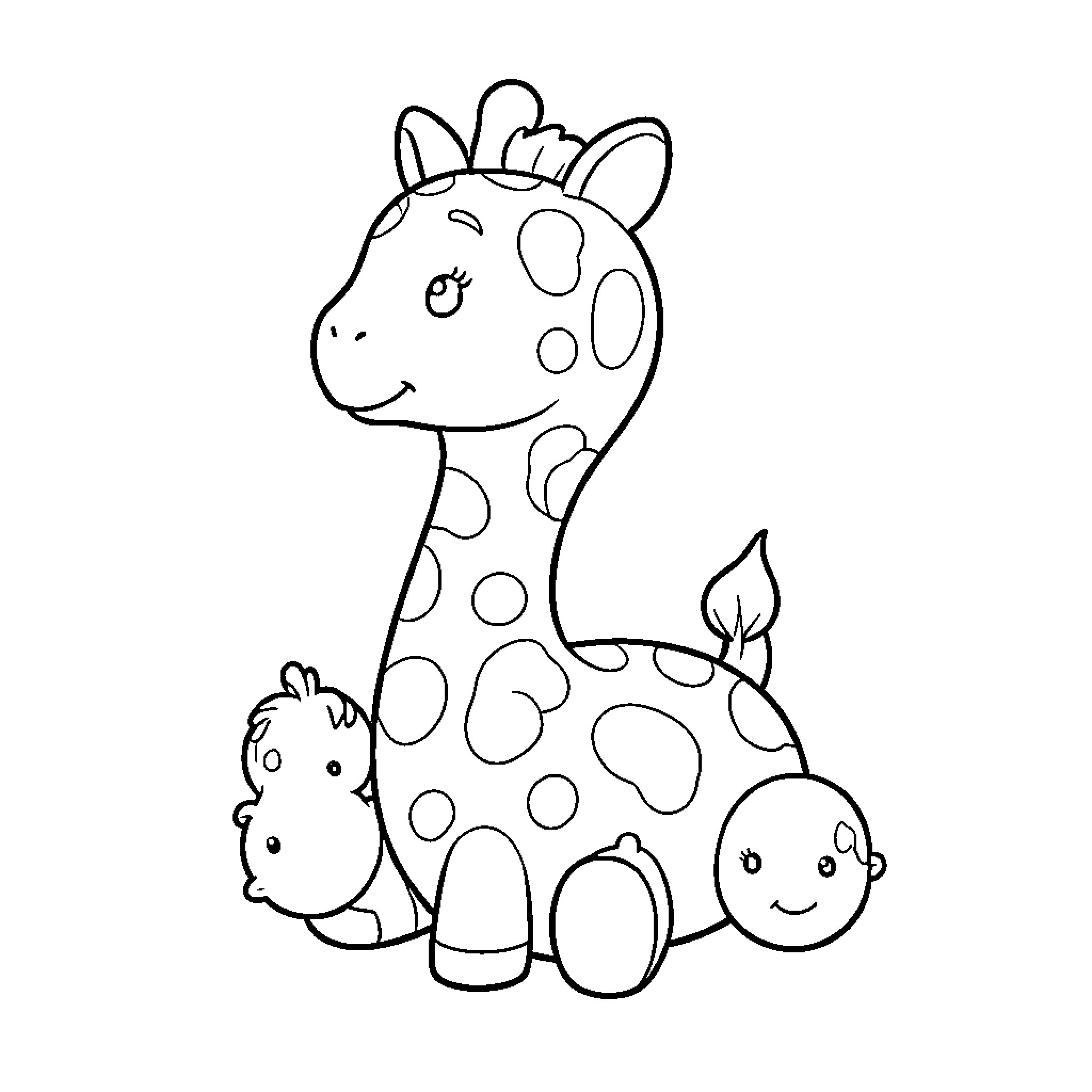 Sophie enjoying time with a cute giraffe and hippo Coloring Page (free black-and-white line drawing printable PDF for all, from beginners to advanced learners, including children, teens, adults, and seniors)