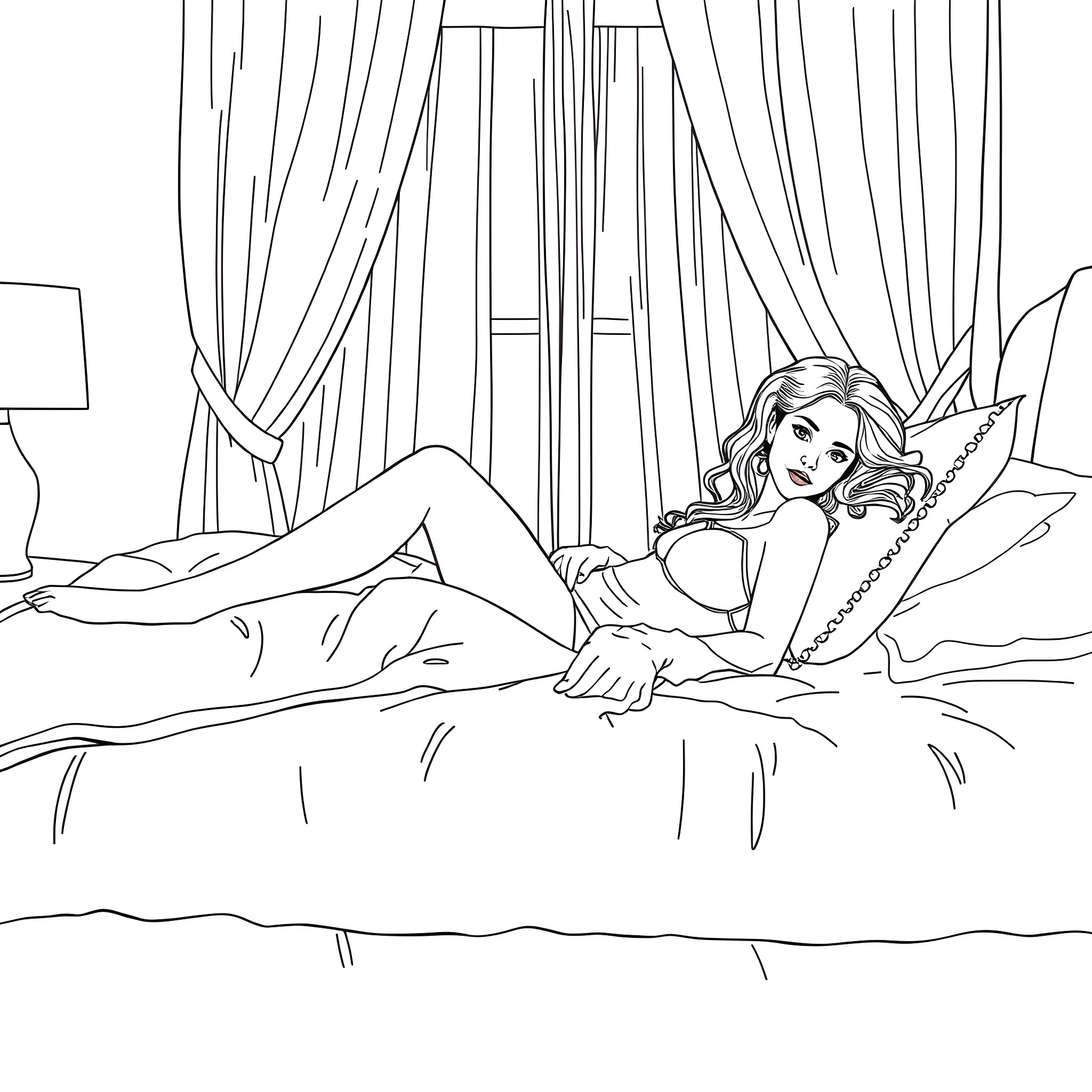 Sydney Sweeney relaxing on a bed in a bedroom setting Coloring Page (free black-and-white line drawing printable PDF for all, from beginners to advanced learners, including children, teens, adults, and seniors)