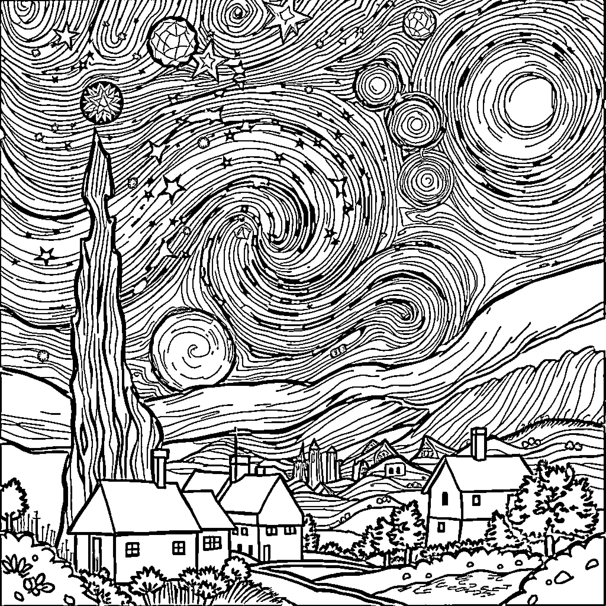 Starry Night over the Countryside Landscape Coloring Page (free black-and-white line drawing printable PDF for all, from beginners to advanced learners, including children, teens, adults, and seniors)
