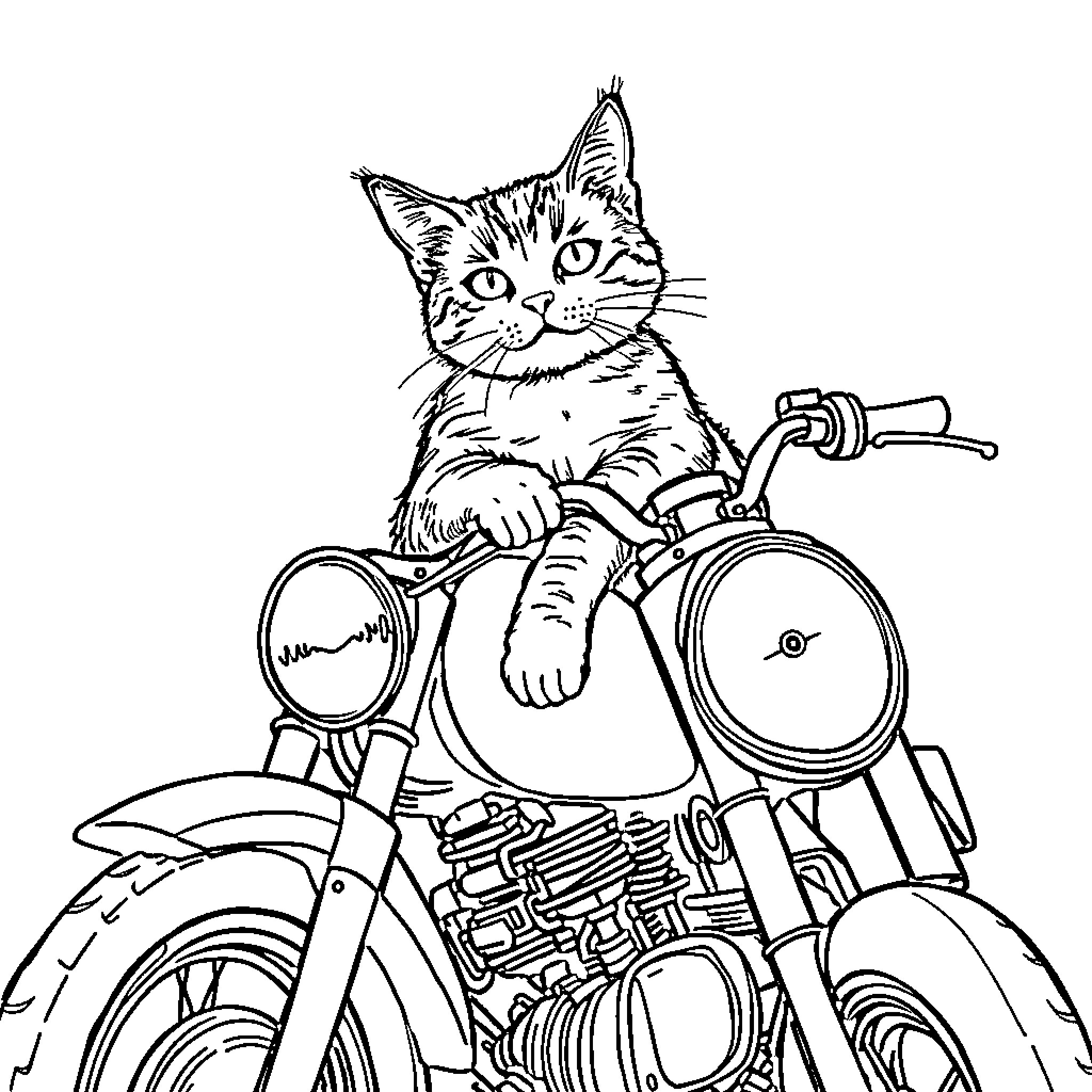 Cat riding a motorcycle Coloring Page (free black-and-white line drawing printable PDF for all, from beginners to advanced learners, including children, teens, adults, and seniors)
