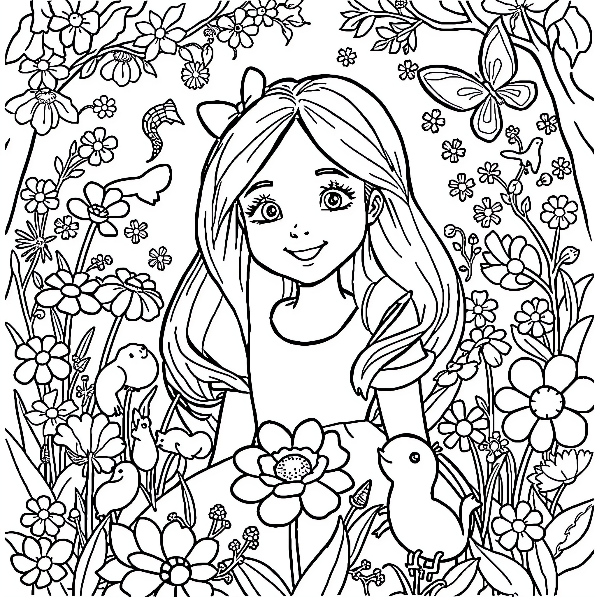 Alice's Enchanted Garden Coloring Page (free black-and-white line drawing printable PDF for all, from beginners to advanced learners, including children, teens, adults, and seniors)