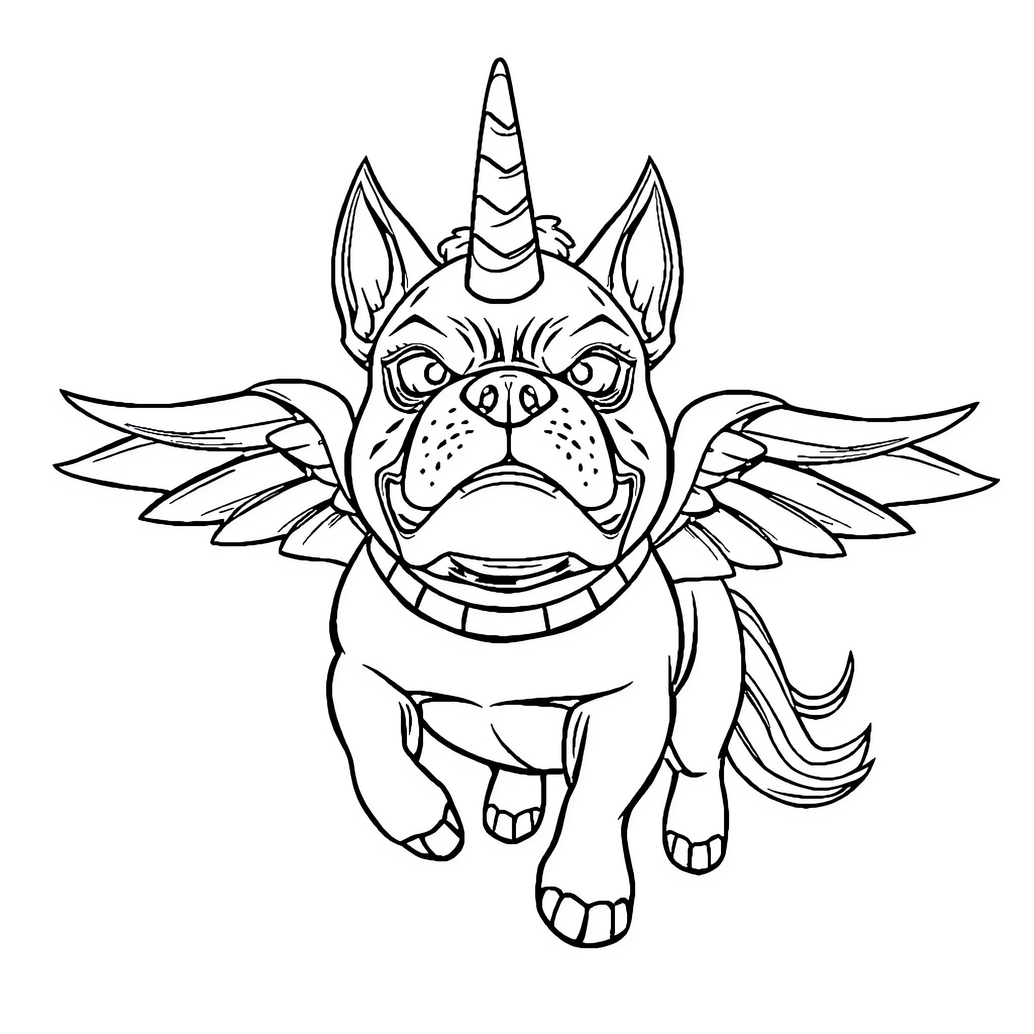 Bulldog wearing a unicorn horn and wings Coloring Page (free black-and-white line drawing printable PDF for all, from beginners to advanced learners, including children, teens, adults, and seniors)