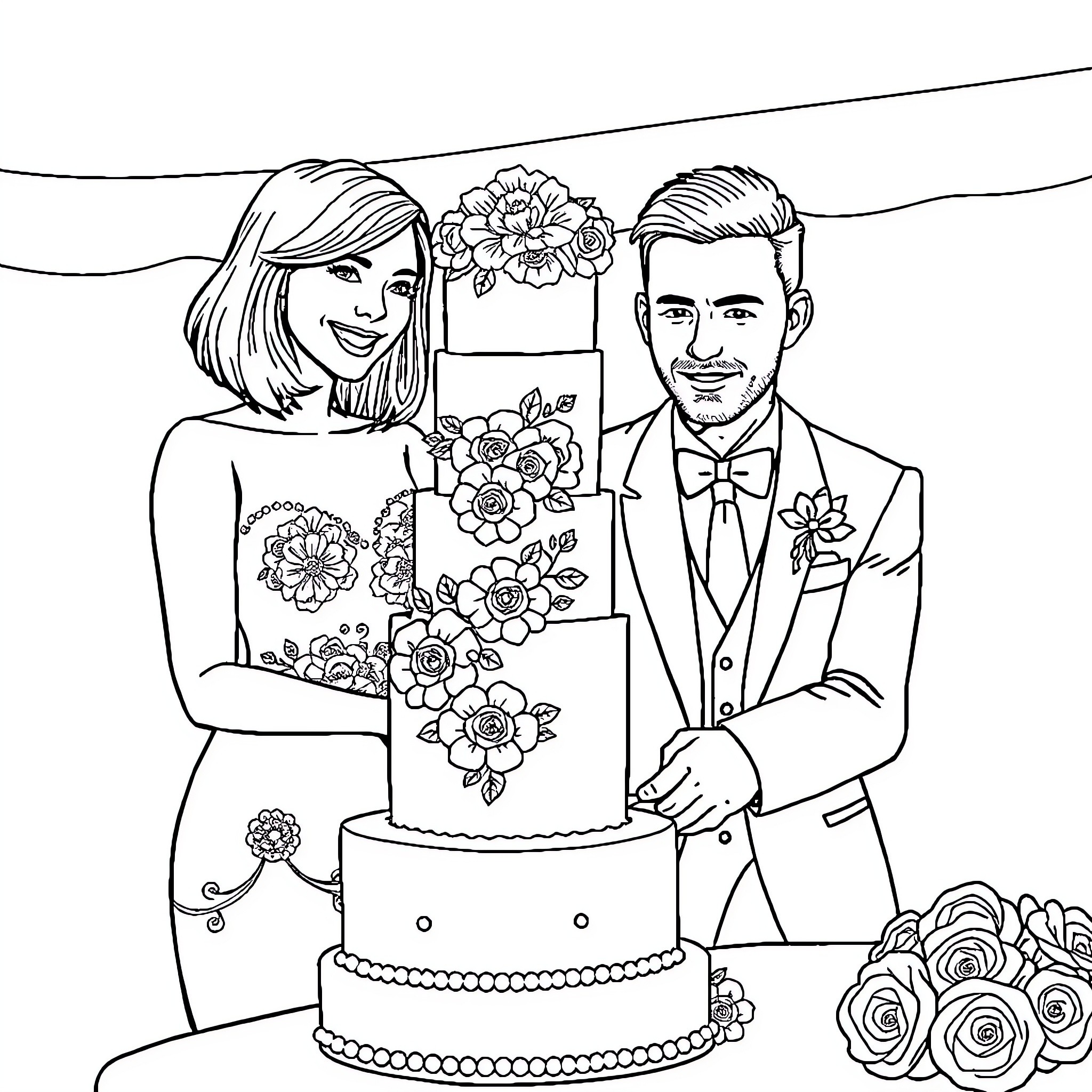 Bride and Groom Cutting Floral Wedding Cake Coloring Page (free black-and-white line drawing printable PDF for all, from beginners to advanced learners, including children, teens, adults, and seniors)