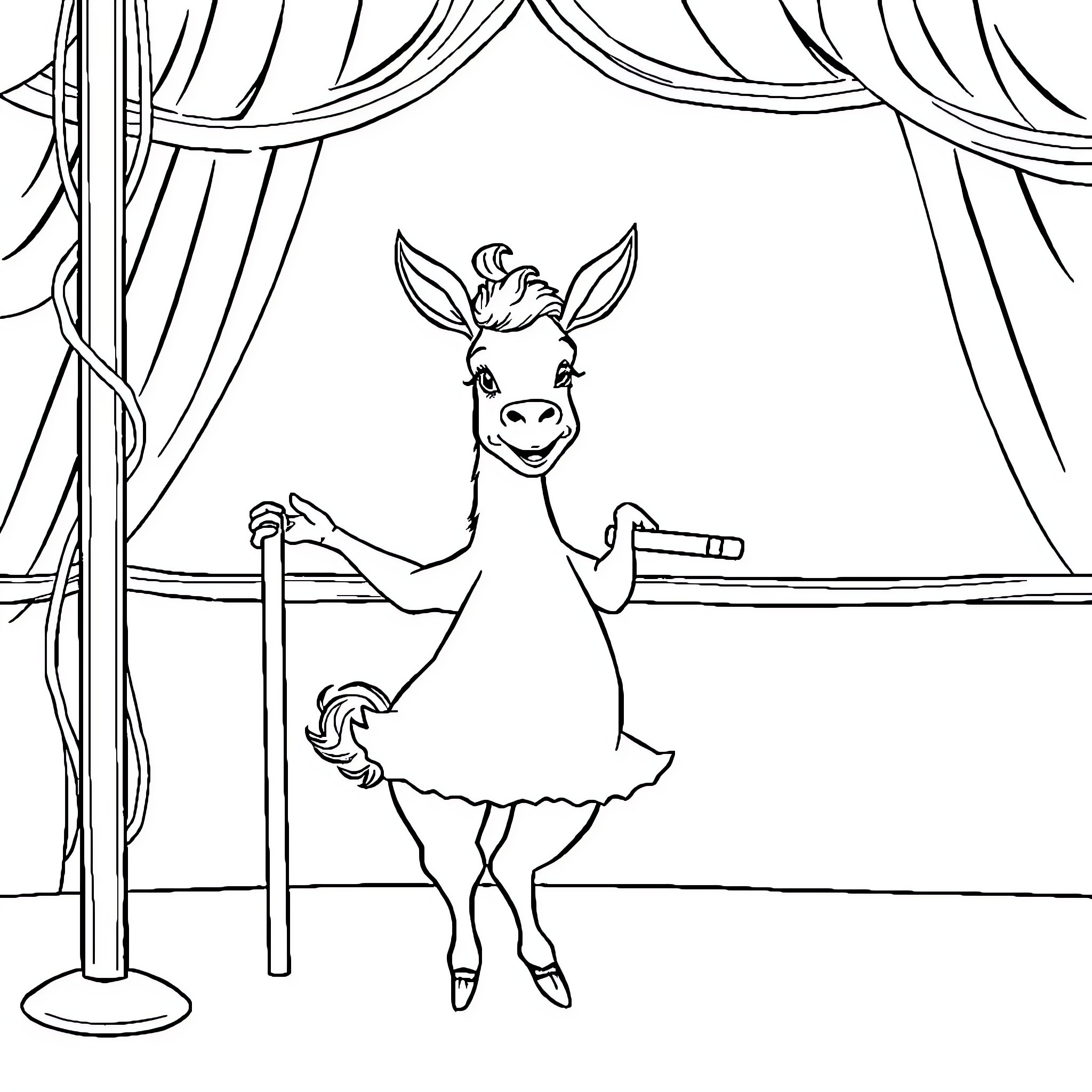 Bourriquet the dancing donkey on stage Coloring Page (free black-and-white line drawing printable PDF for all, from beginners to advanced learners, including children, teens, adults, and seniors)