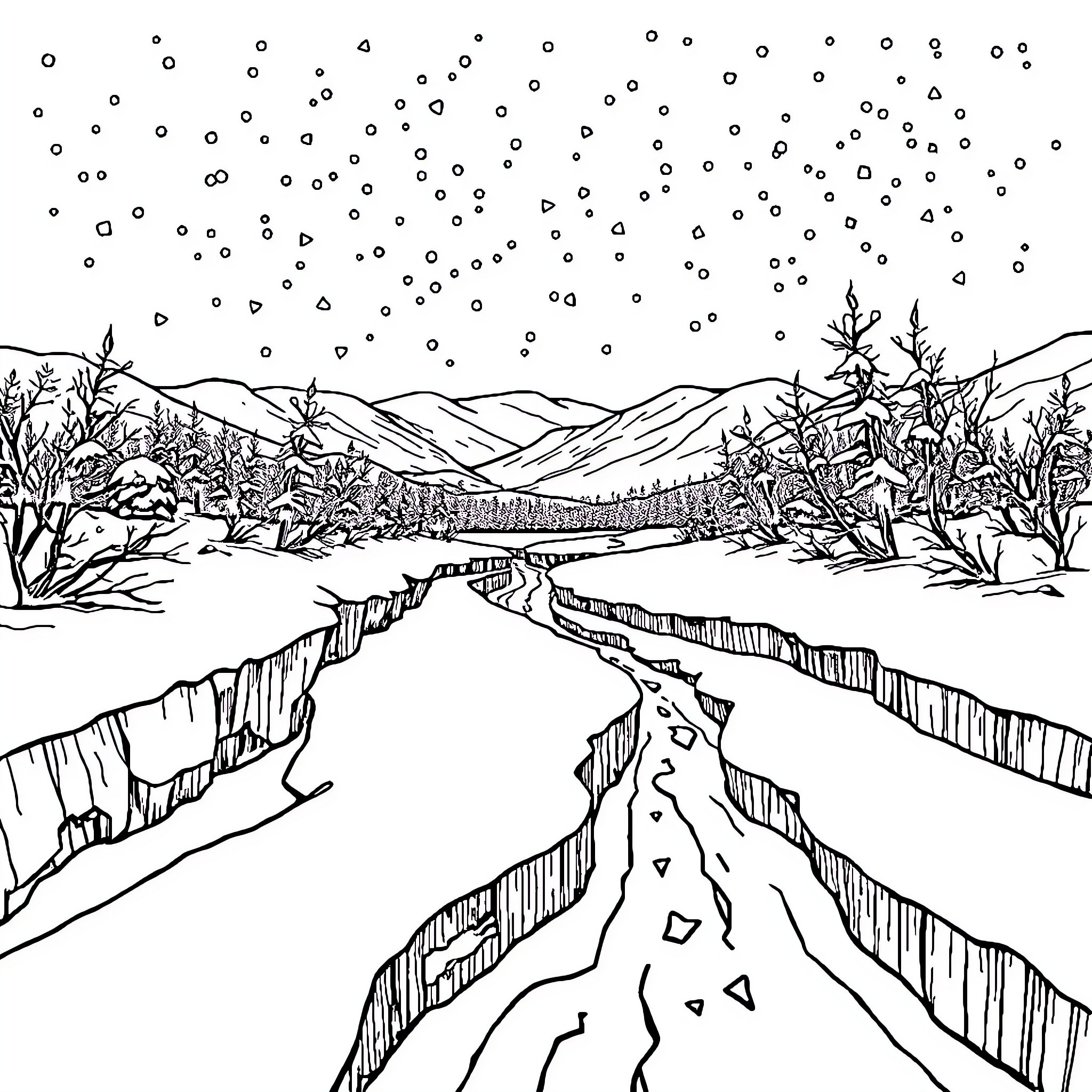 Frozen Landscape of Wintry Wonderland Coloring Page (free black-and-white line drawing printable PDF for all, from beginners to advanced learners, including children, teens, adults, and seniors)