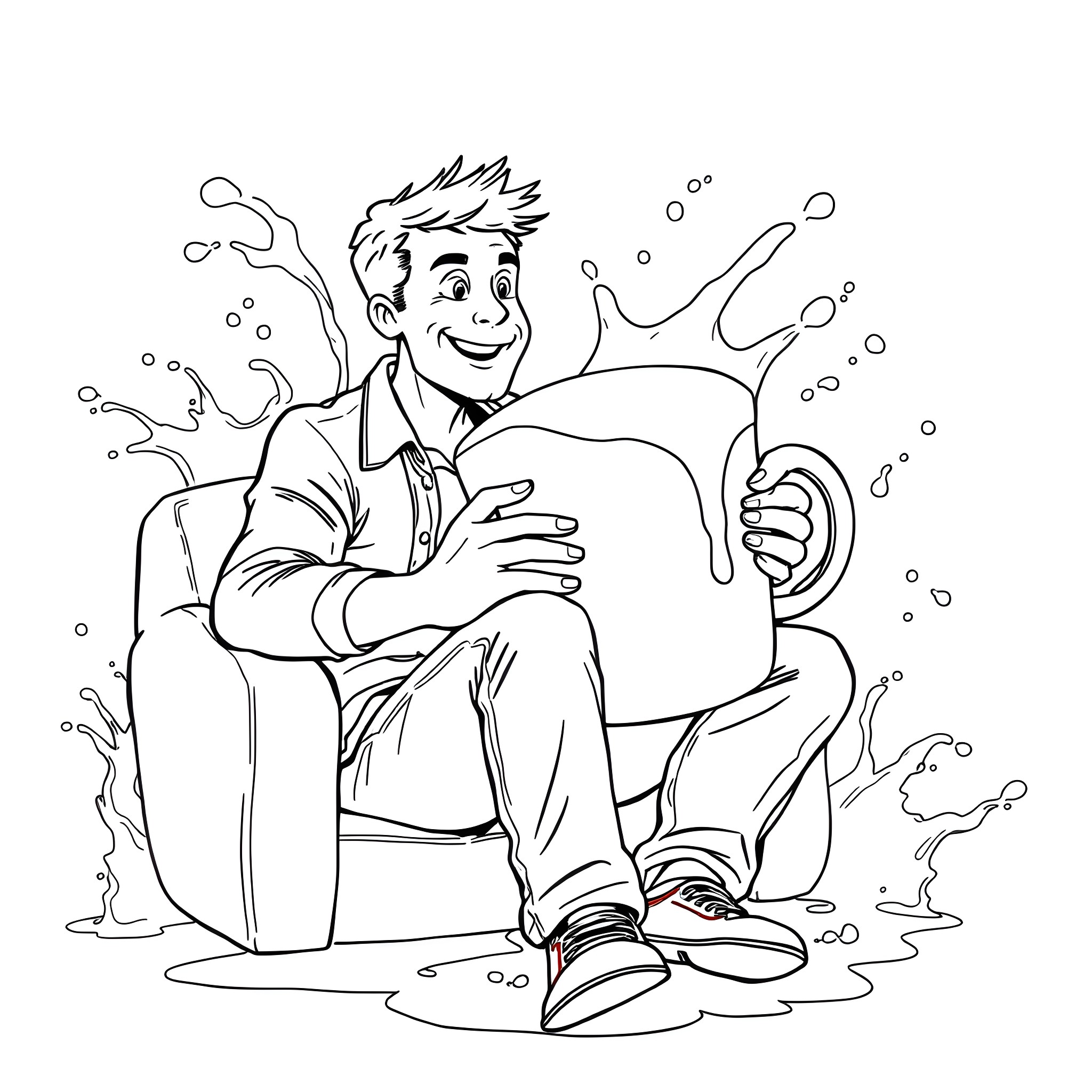 Guy Enjoying a Milkshake on a Comfy Chair Coloring Page (free black-and-white line drawing printable PDF for all, from beginners to advanced learners, including children, teens, adults, and seniors)