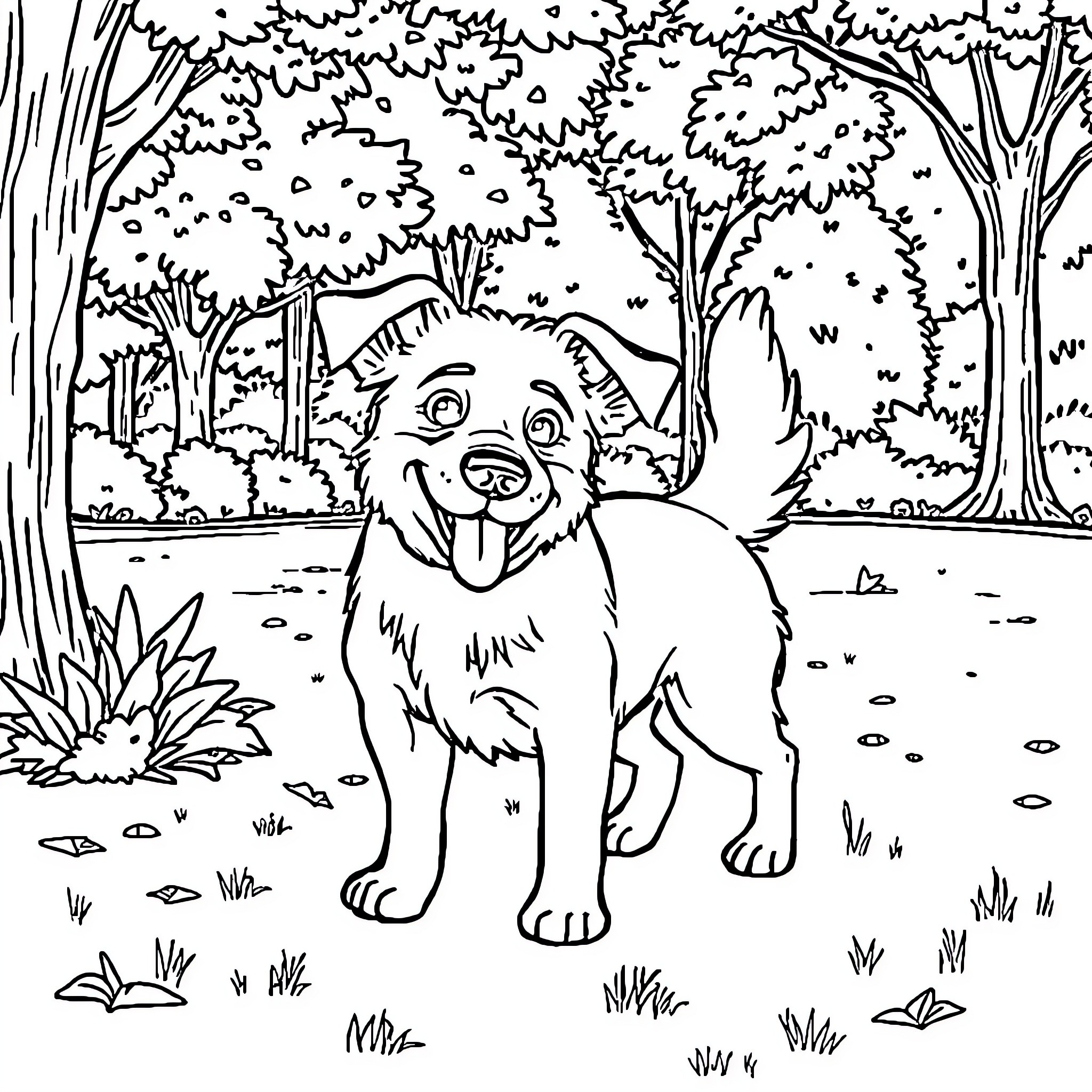 Dog enjoying the forest scenery Coloring Page (free black-and-white line drawing printable PDF for all, from beginners to advanced learners, including children, teens, adults, and seniors)
