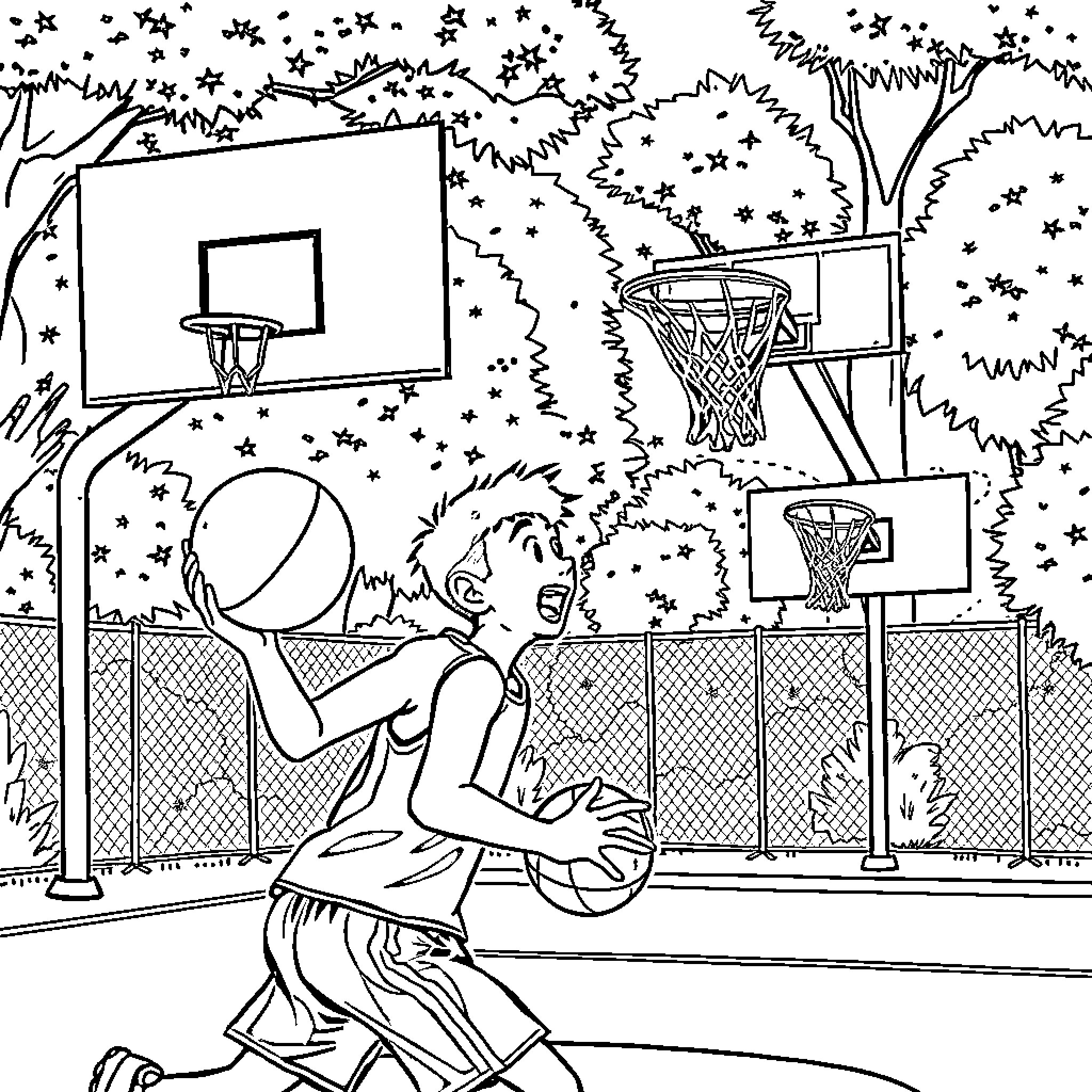 Jinu Shooting Hoops on the Outdoor Court Coloring Page (free black-and-white line drawing printable PDF for all, from beginners to advanced learners, including children, teens, adults, and seniors)