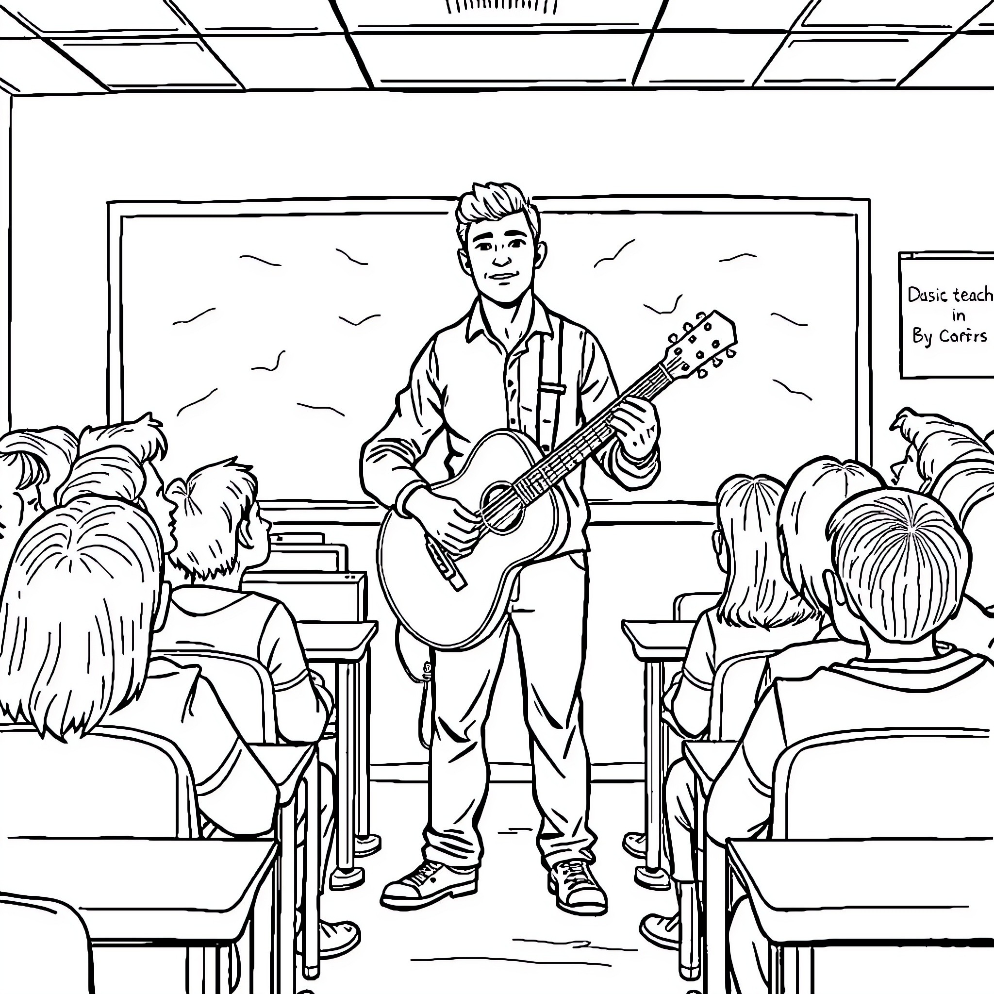 Music Teacher Engaging Students with Guitar Performance Coloring Page (free black-and-white line drawing printable PDF for all, from beginners to advanced learners, including children, teens, adults, and seniors)