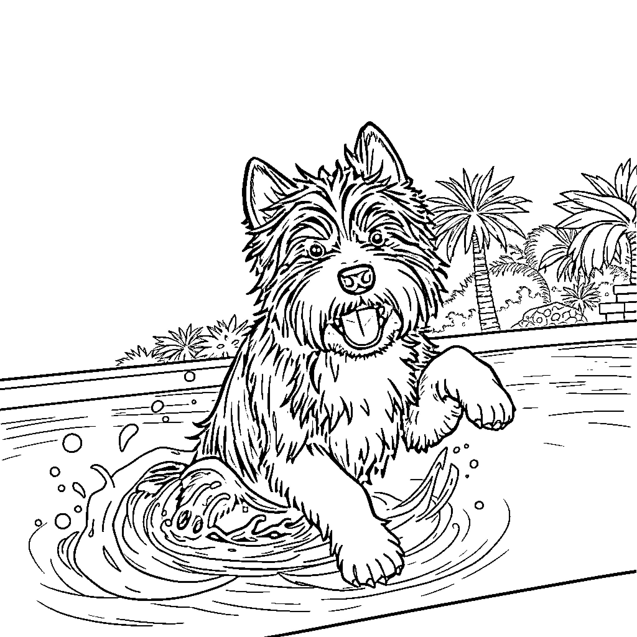 Puppy frolicking in the tropical beach Coloring Page (free black-and-white line drawing printable PDF for all, from beginners to advanced learners, including children, teens, adults, and seniors)