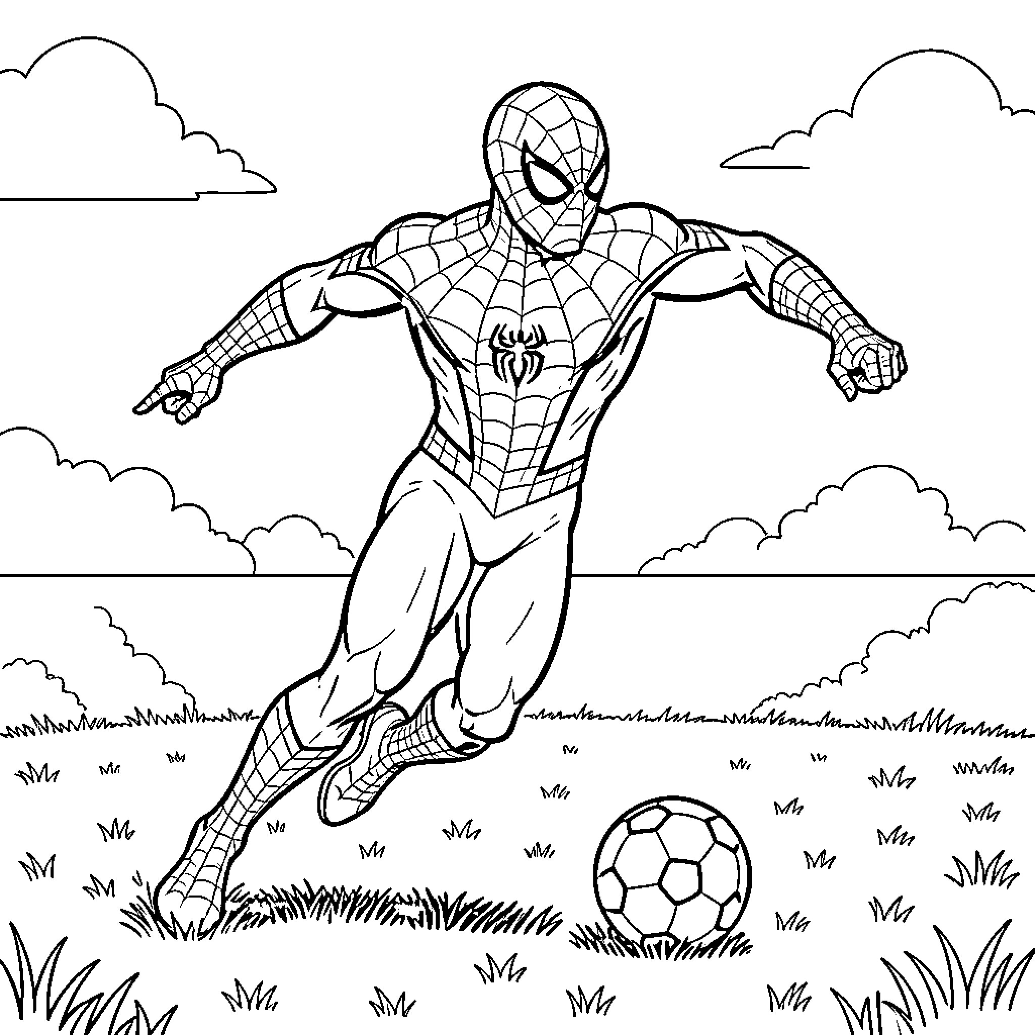 Spiderman playing soccer in a grassy field Coloring Page (free black-and-white line drawing printable PDF for all, from beginners to advanced learners, including children, teens, adults, and seniors)