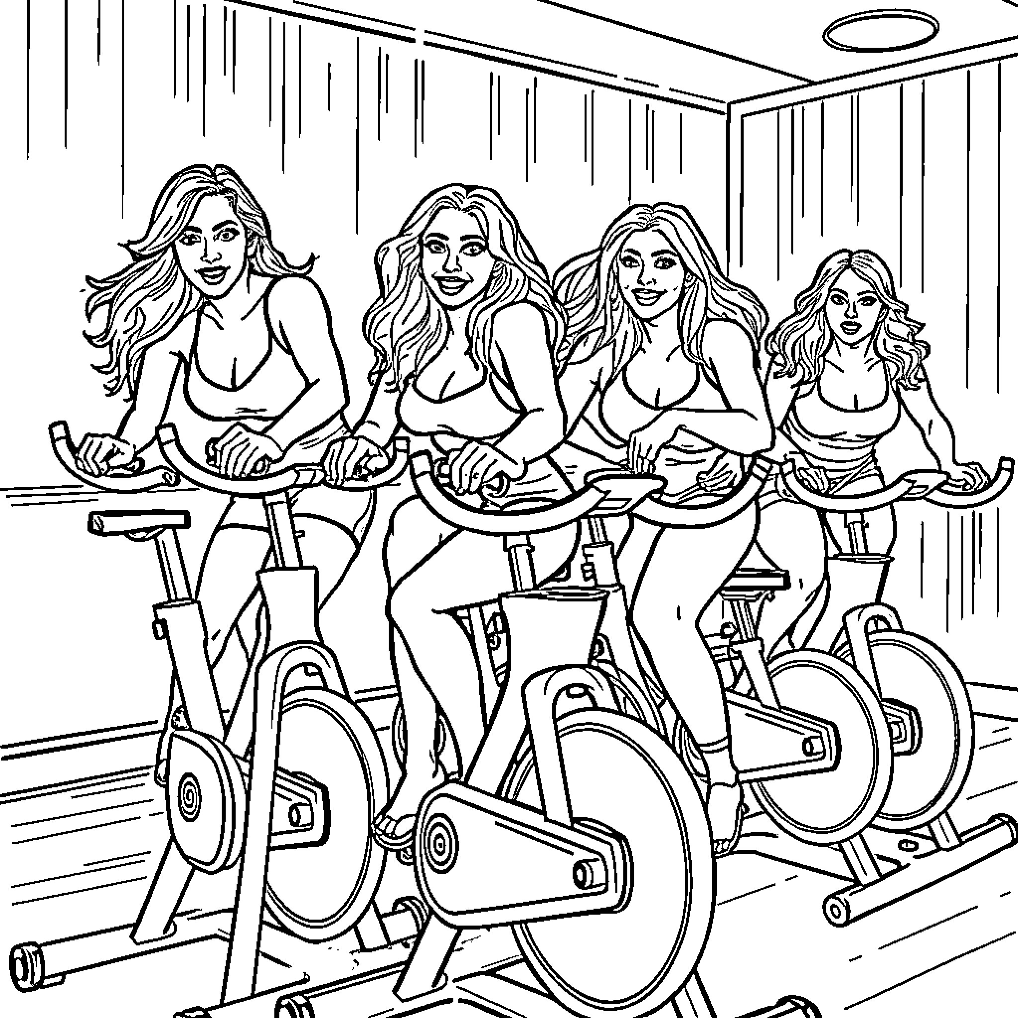 Housewives engage in group exercise session Coloring Page (free black-and-white line drawing printable PDF for all, from beginners to advanced learners, including children, teens, adults, and seniors)