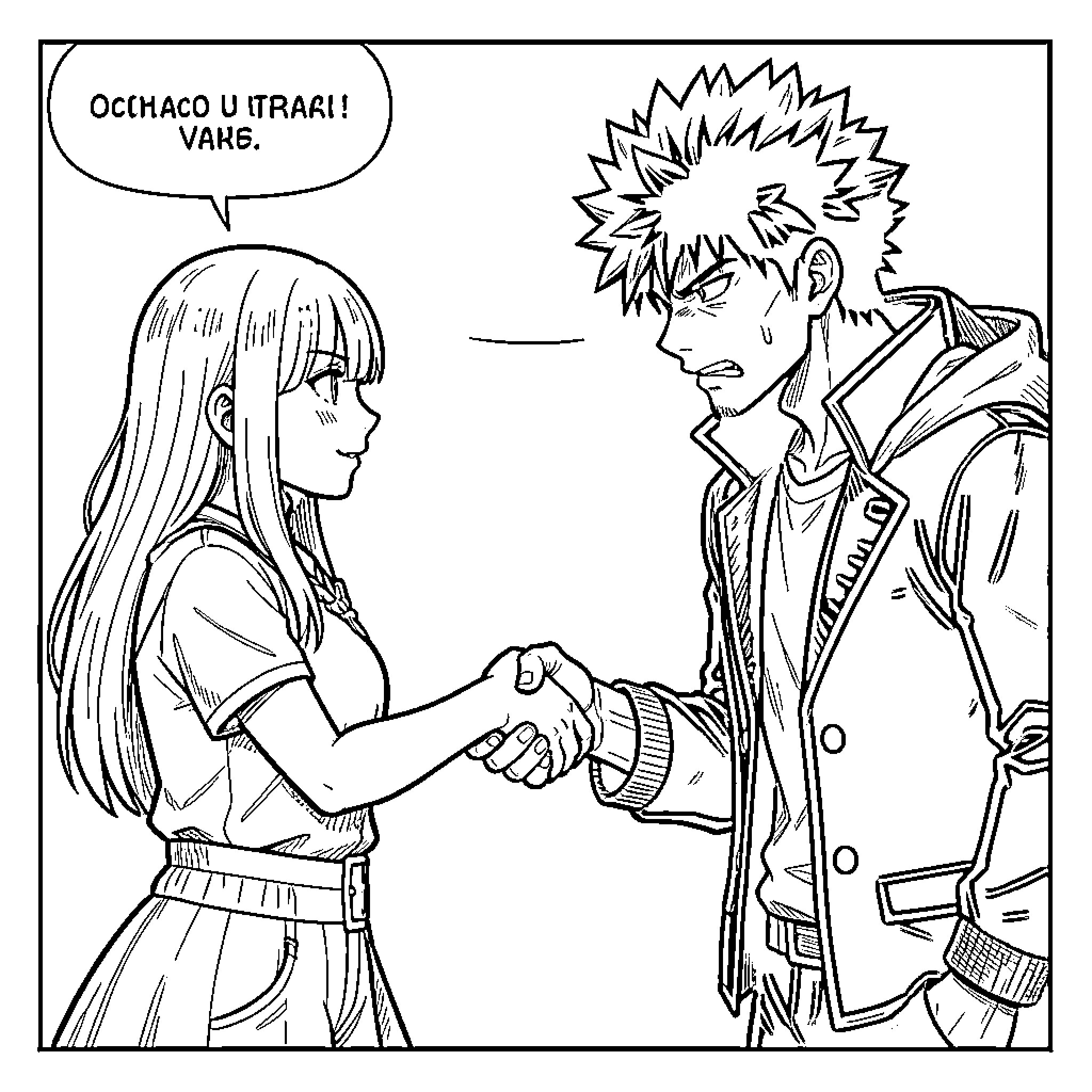 Uraraka shaking hands with a spiky haired boy Coloring Page (free black-and-white line drawing printable PDF for all, from beginners to advanced learners, including children, teens, adults, and seniors)