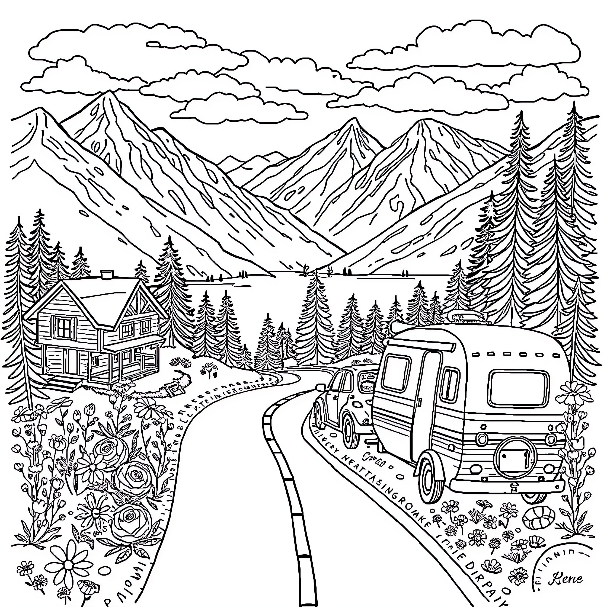 Road Trip through Scenic Mountain Landscape Coloring Page (free black-and-white line drawing printable PDF for all, from beginners to advanced learners, including children, teens, adults, and seniors)