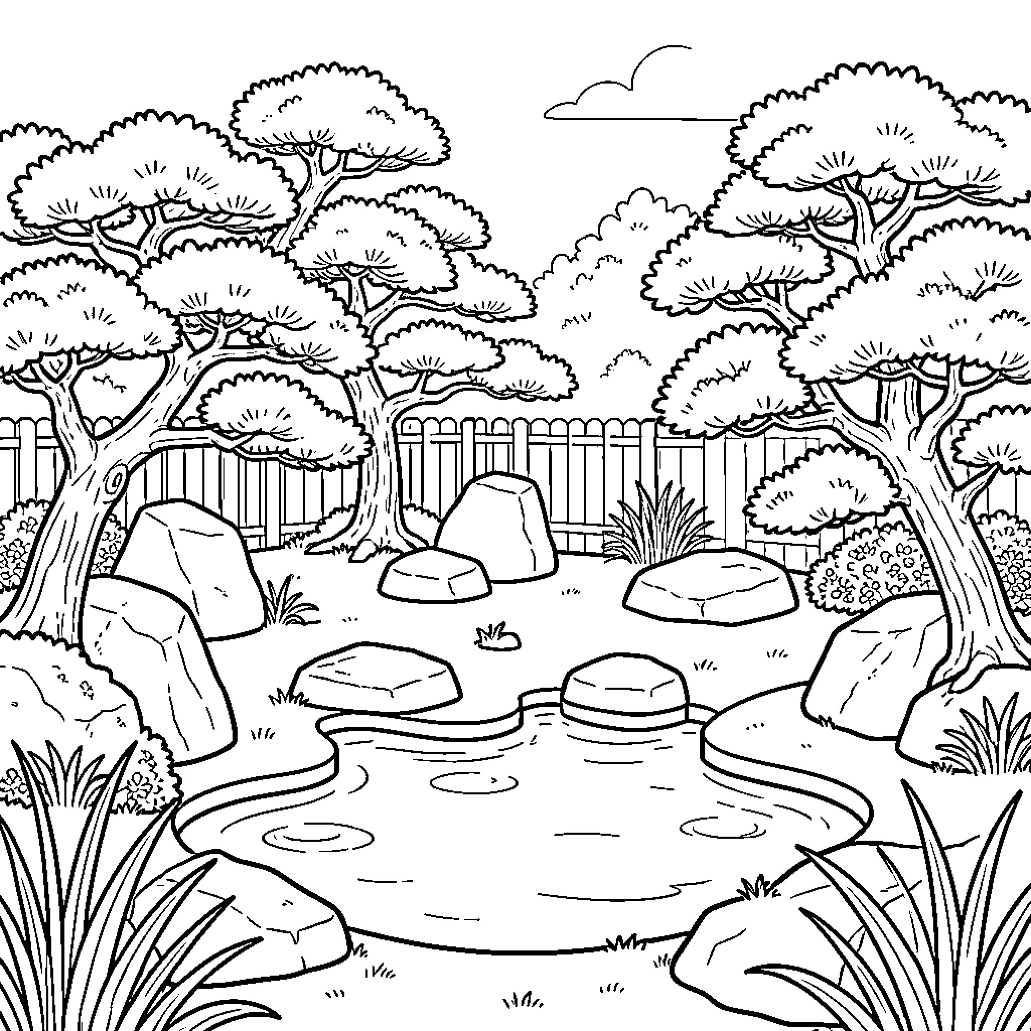 Japanese Garden featuring serene ponds and sculpted pine trees Coloring Page (free black-and-white line drawing printable PDF for all, from beginners to advanced learners, including children, teens, adults, and seniors)