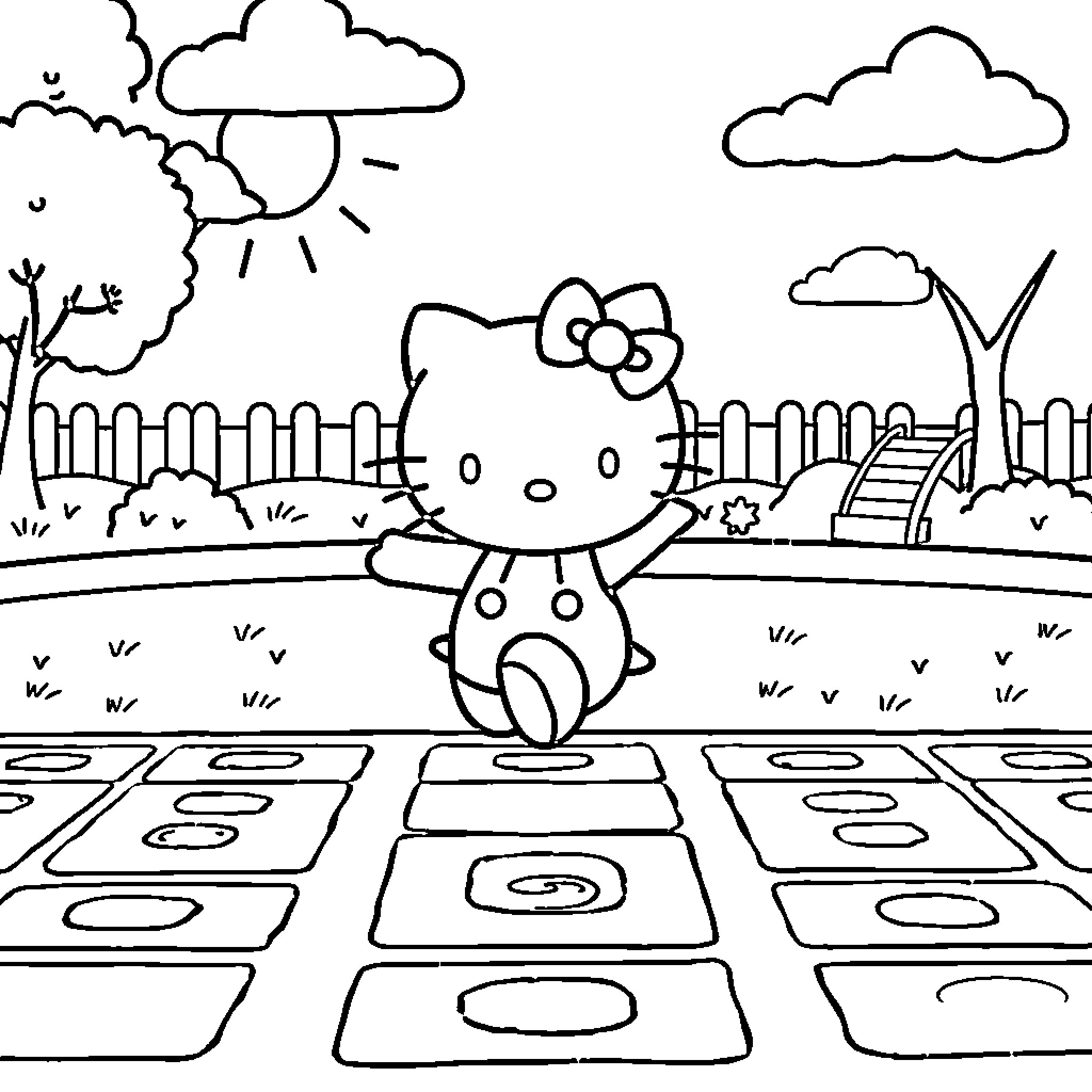 Hello Kitty playing hopscotch in the garden Coloring Page (free black-and-white line drawing printable PDF for all, from beginners to advanced learners, including children, teens, adults, and seniors)