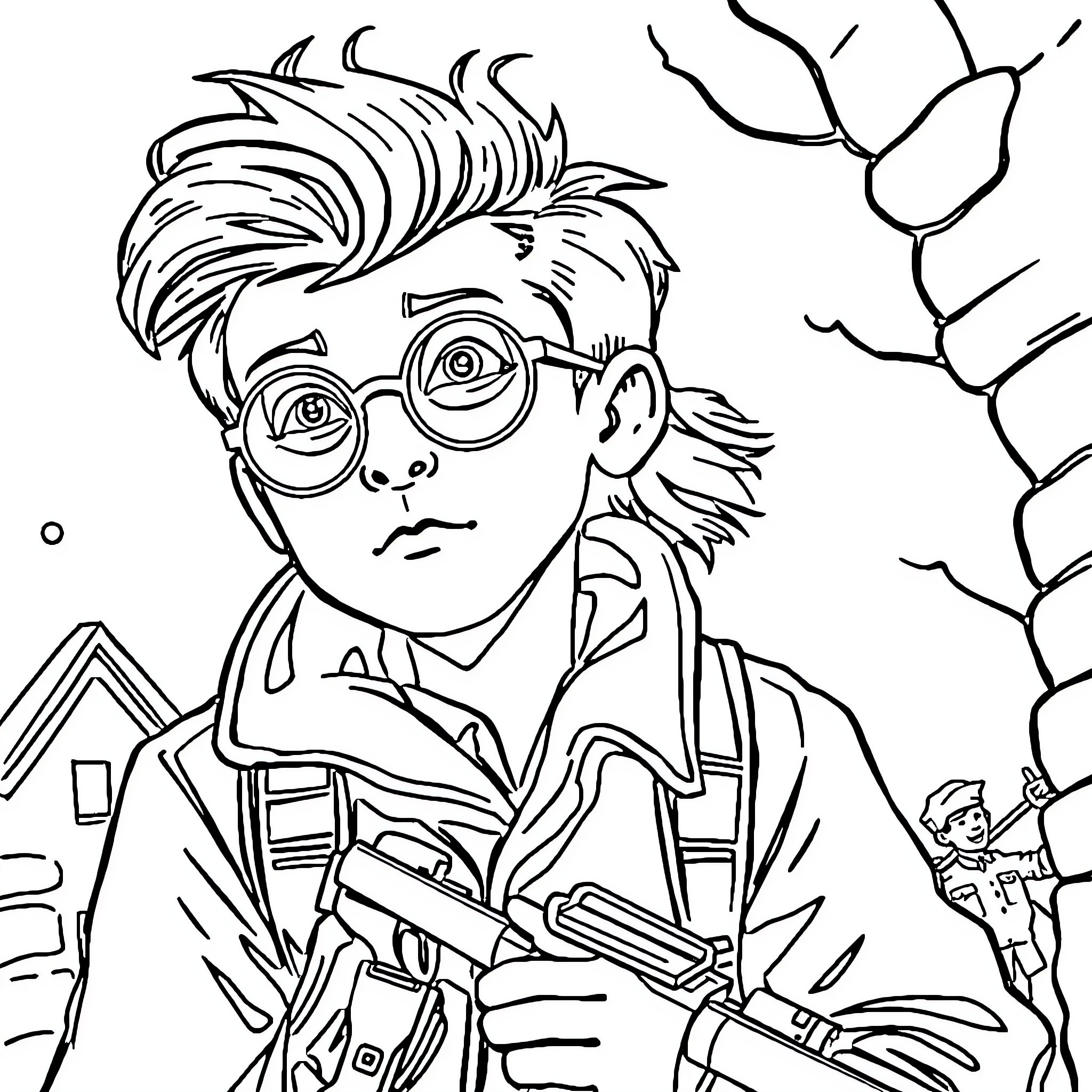 Boy with glasses and books in front of nature Coloring Page (free black-and-white line drawing printable PDF for all, from beginners to advanced learners, including children, teens, adults, and seniors)