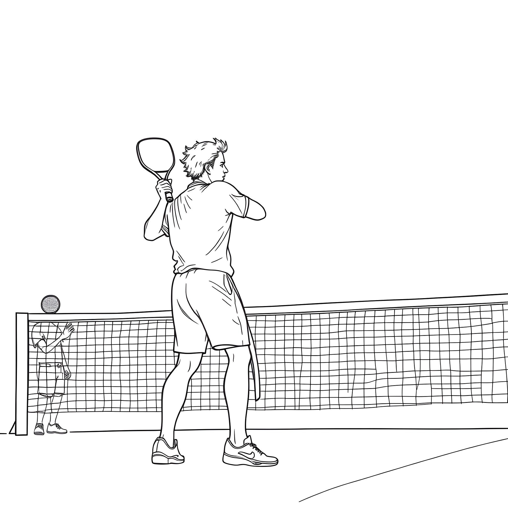 Freemason Tennis Player on the Court Coloring Page (free black-and-white line drawing printable PDF for all, from beginners to advanced learners, including children, teens, adults, and seniors)