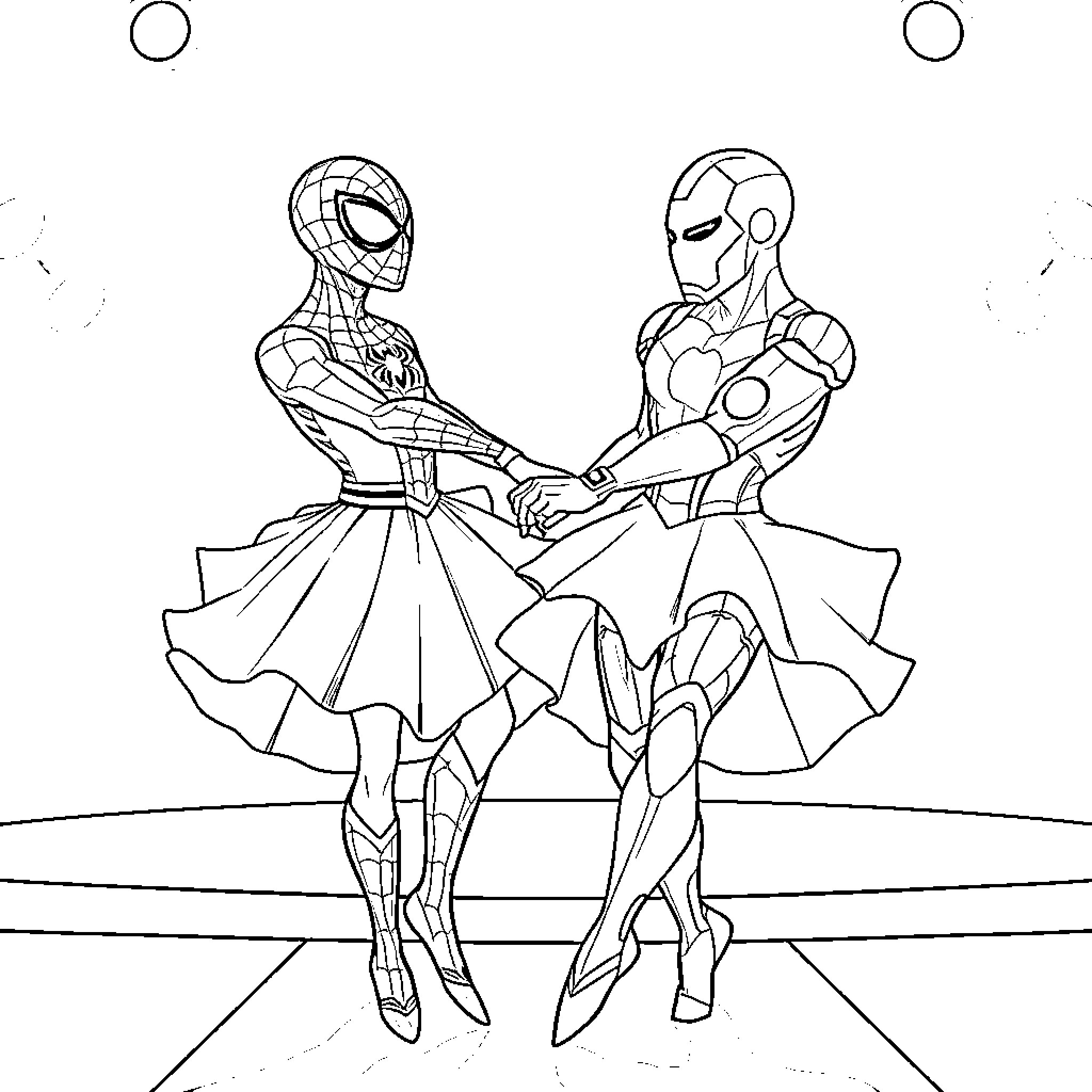 Spiderman and Iron Man dance together Coloring Page (free black-and-white line drawing printable PDF for all, from beginners to advanced learners, including children, teens, adults, and seniors)