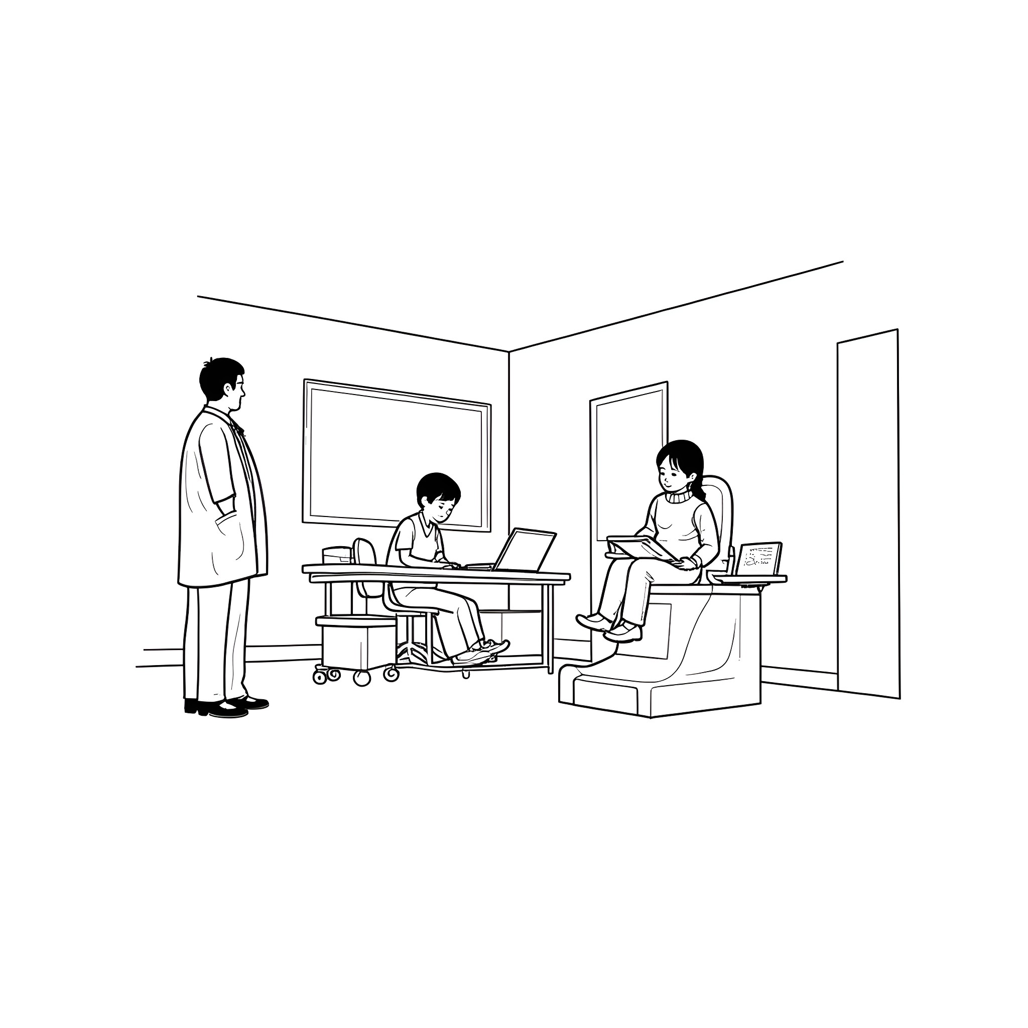 Doctor Examining Patients in Medical Clinic Coloring Page (free black-and-white line drawing printable PDF for all, from beginners to advanced learners, including children, teens, adults, and seniors)