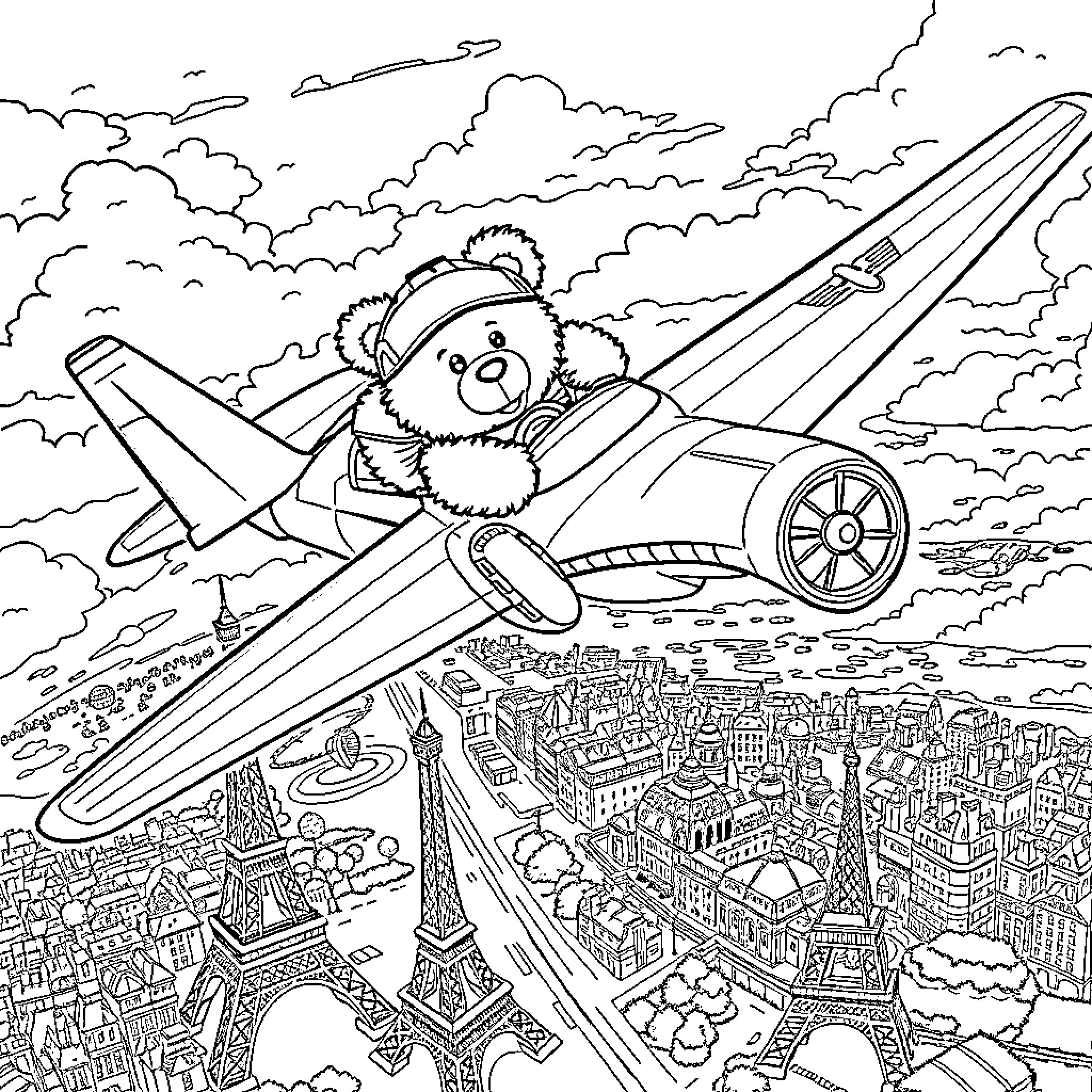 Teddy Bear piloting a plane over a cityscape Coloring Page (free black-and-white line drawing printable PDF for all, from beginners to advanced learners, including children, teens, adults, and seniors)