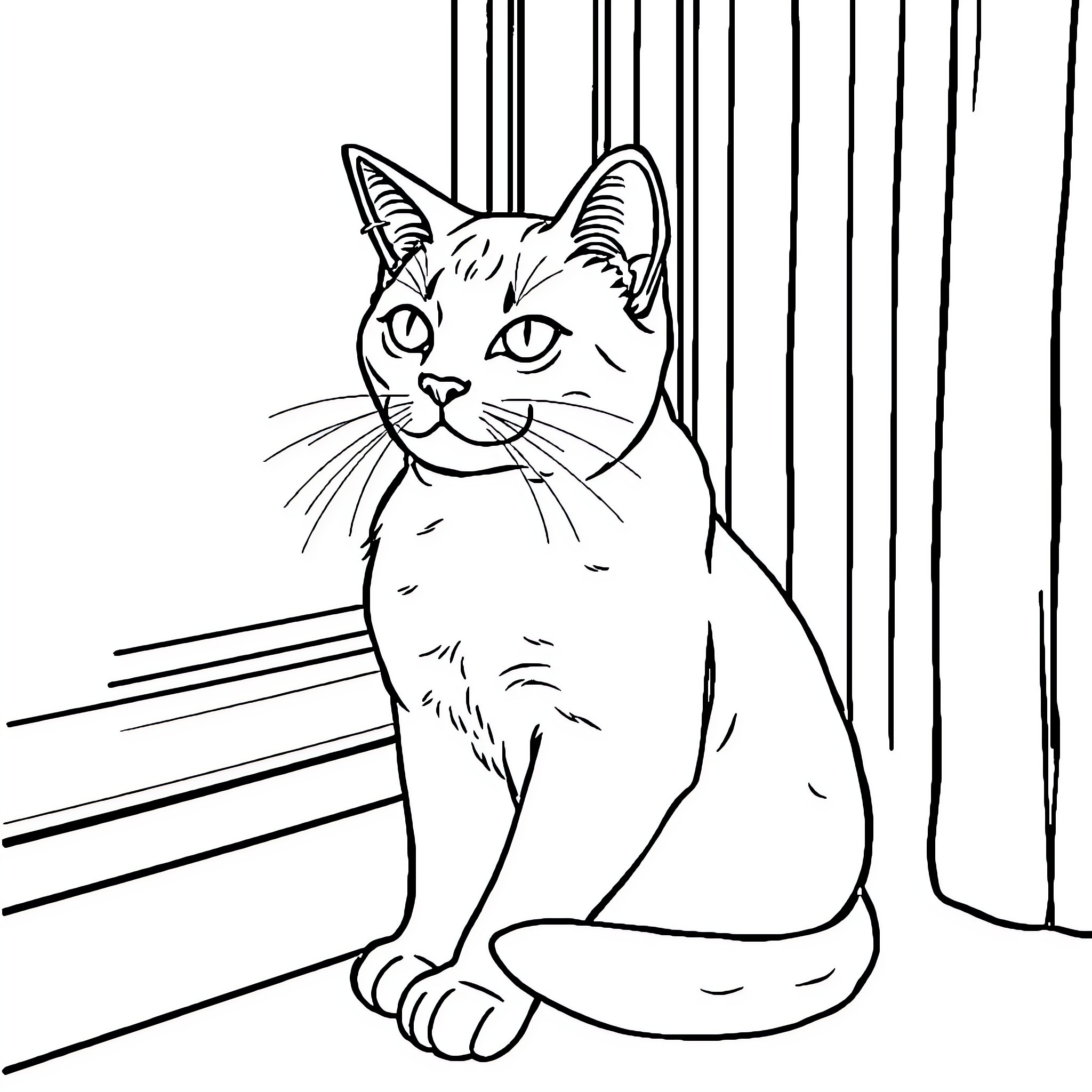 Cat sitting patiently by the window Coloring Page (free black-and-white line drawing printable PDF for all, from beginners to advanced learners, including children, teens, adults, and seniors)