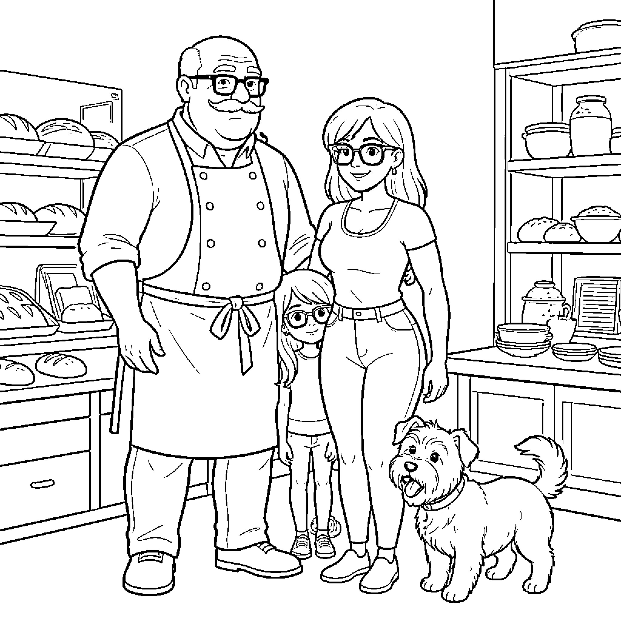 Baker posing with family and a small dog Coloring Page (free black-and-white line drawing printable PDF for all, from beginners to advanced learners, including children, teens, adults, and seniors)