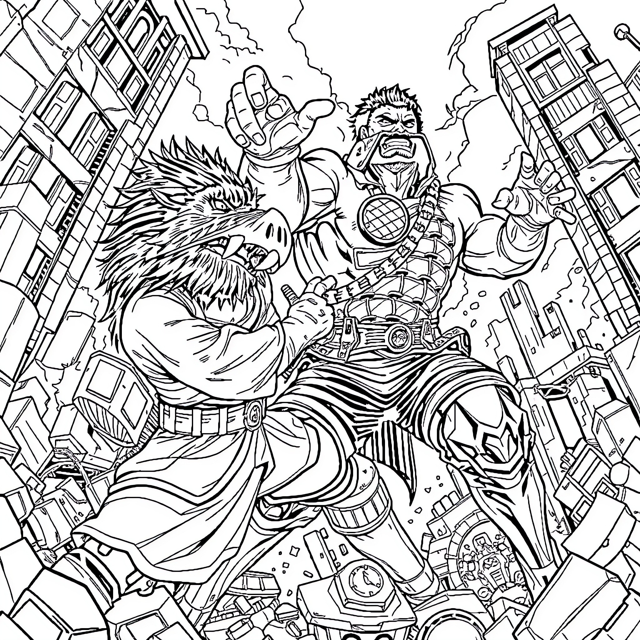 Inosuke battling fiercely in the urban landscape Coloring Page (free black-and-white line drawing printable PDF for all, from beginners to advanced learners, including children, teens, adults, and seniors)