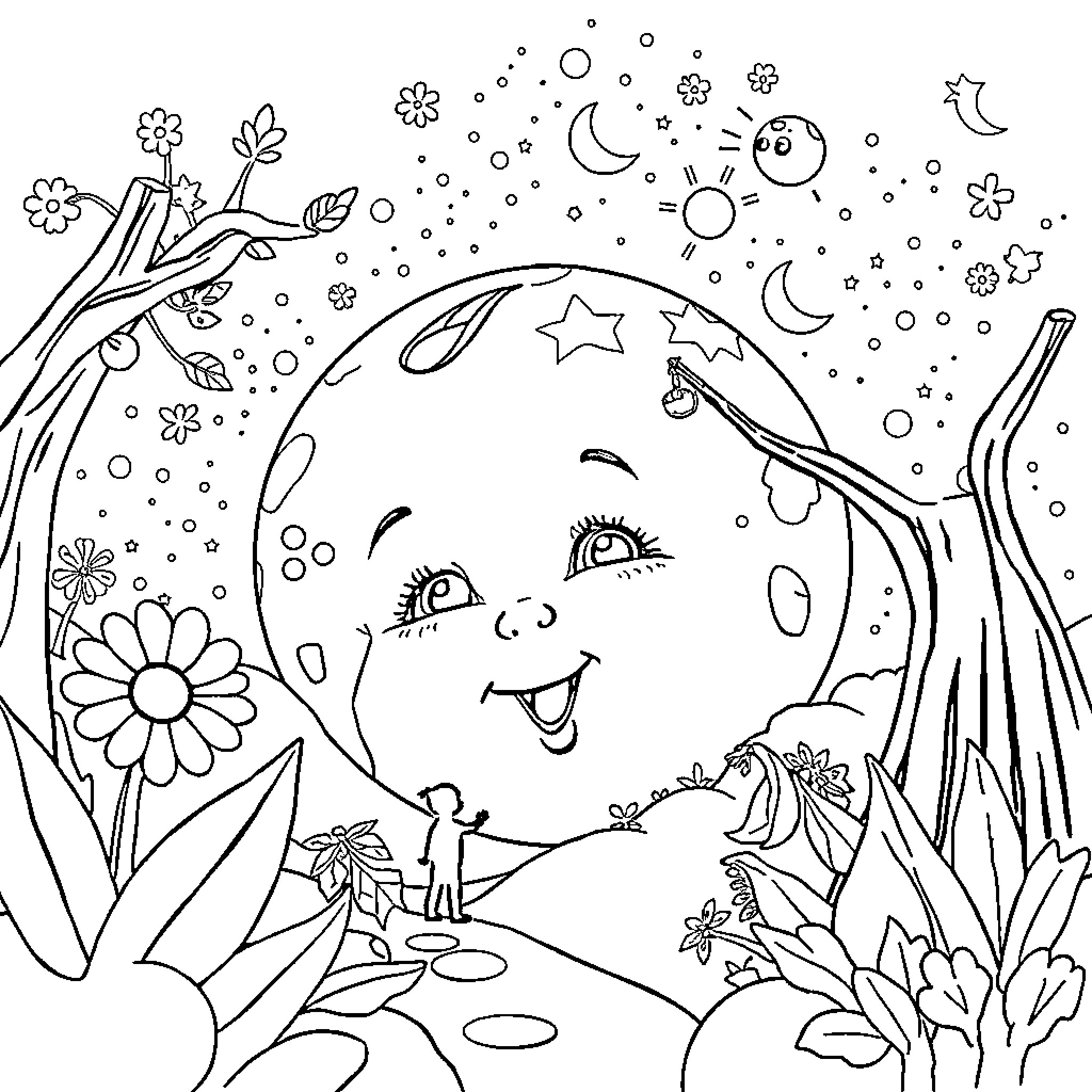 Babyfacee's whimsical adventure in the enchanting night Coloring Page (free black-and-white line drawing printable PDF for all, from beginners to advanced learners, including children, teens, adults, and seniors)