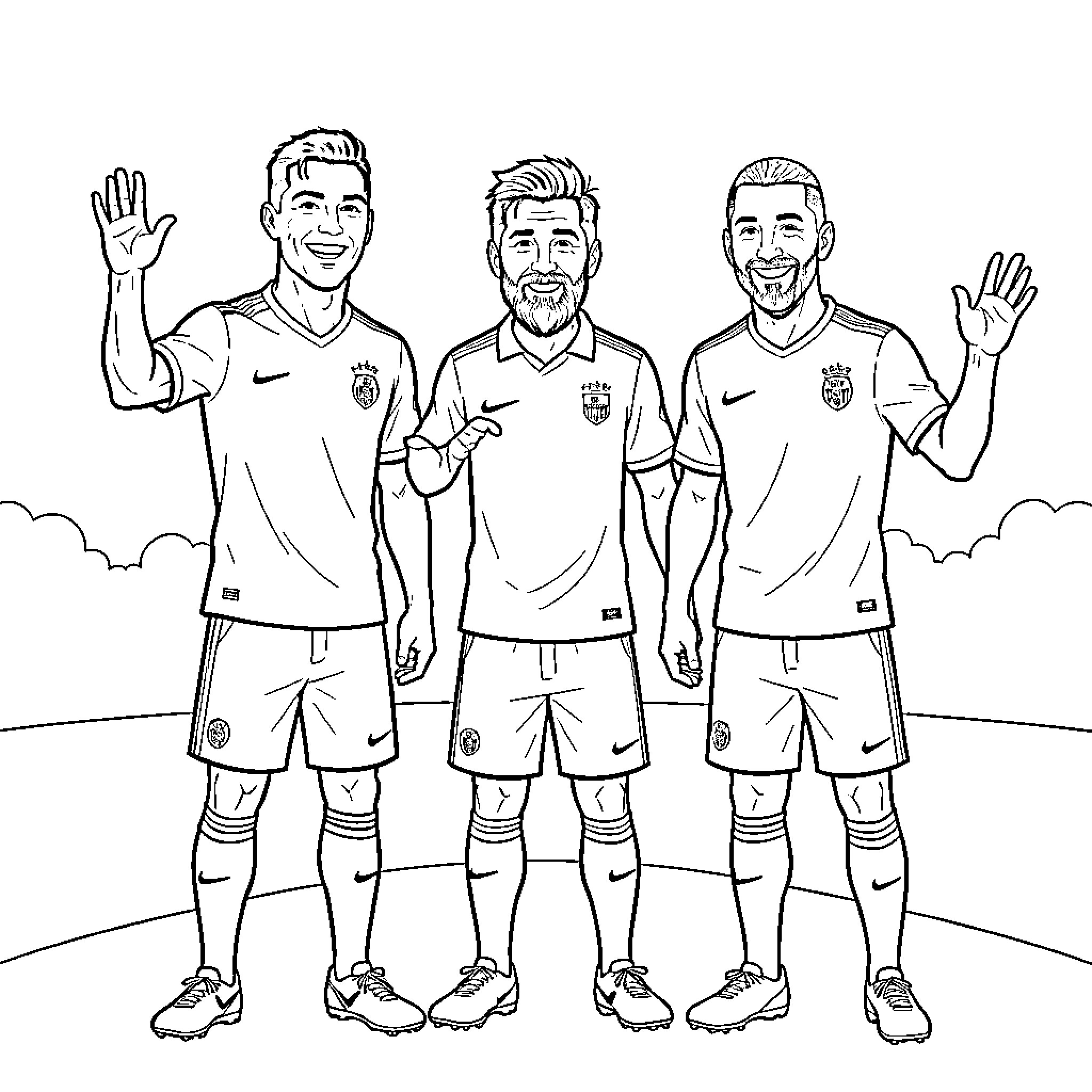 Ronaldo and teammates smiling and waving together Coloring Page (free black-and-white line drawing printable PDF for all, from beginners to advanced learners, including children, teens, adults, and seniors)