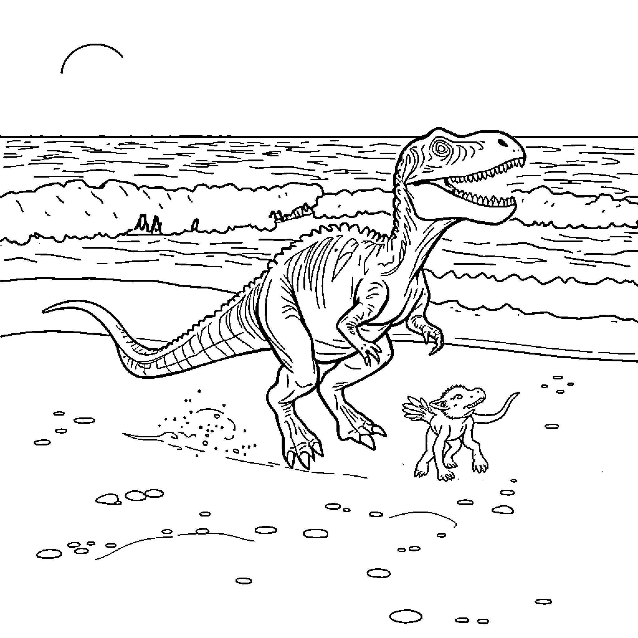 Velociraptor chasing miniature dinosaur on the beach Coloring Page (free black-and-white line drawing printable PDF for all, from beginners to advanced learners, including children, teens, adults, and seniors)