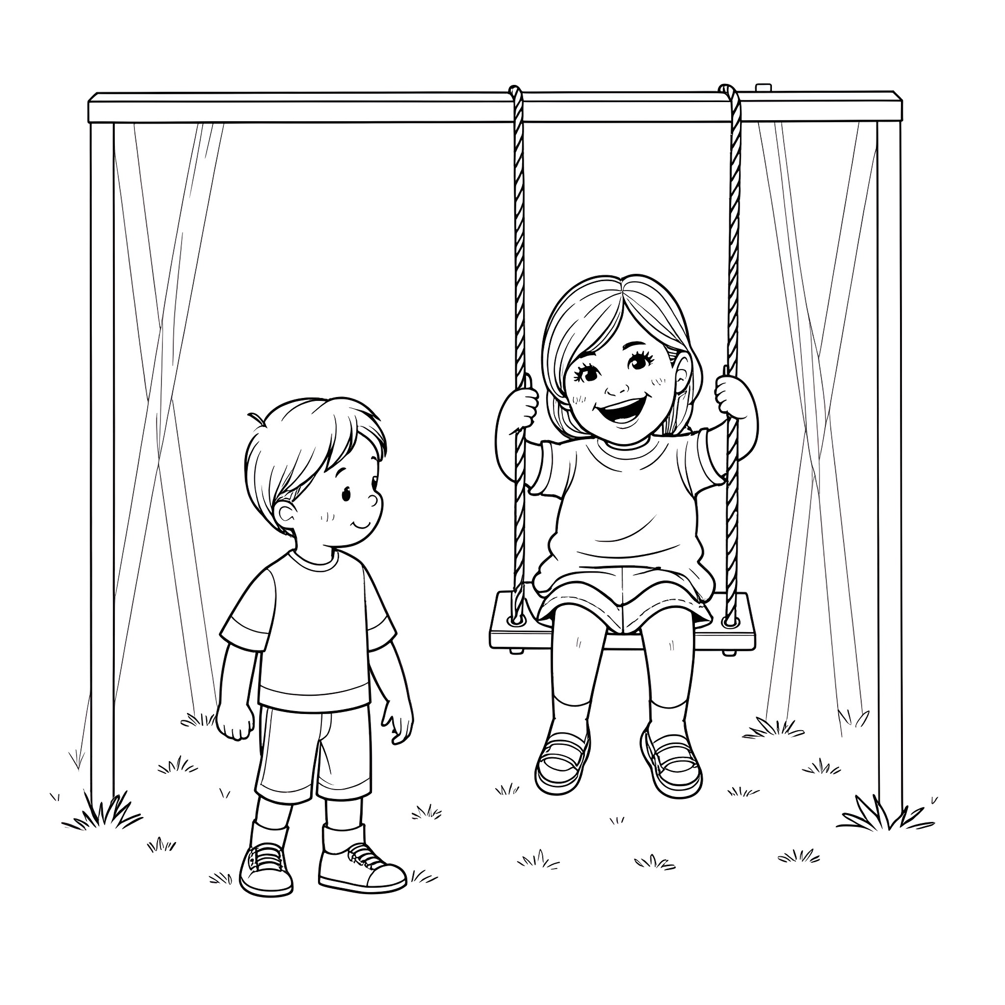 Girl playing happily on a swing with a friend Coloring Page (free black-and-white line drawing printable PDF for all, from beginners to advanced learners, including children, teens, adults, and seniors)