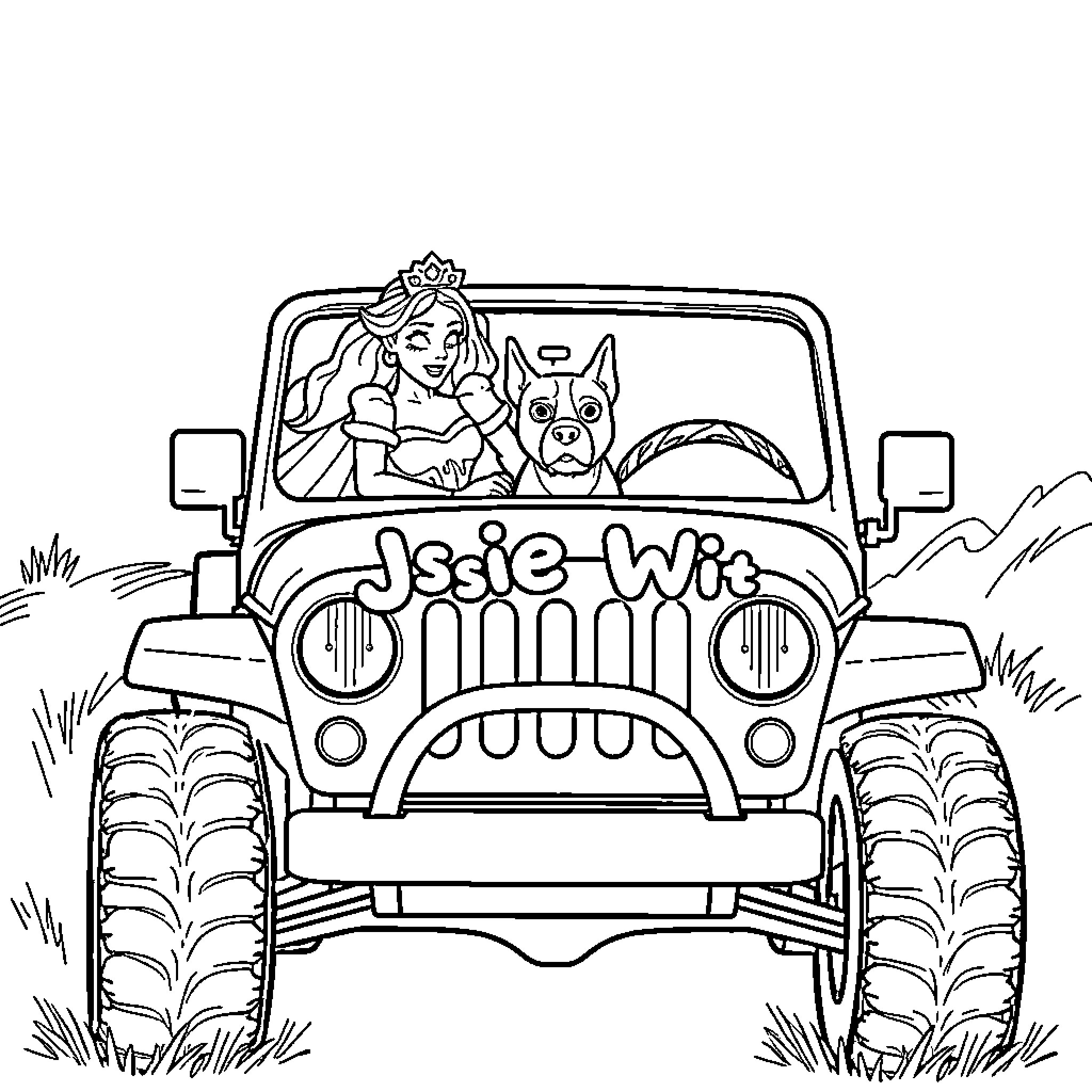 Princess on an Adventure in a Jeep Coloring Page (free black-and-white line drawing printable PDF for all, from beginners to advanced learners, including children, teens, adults, and seniors)