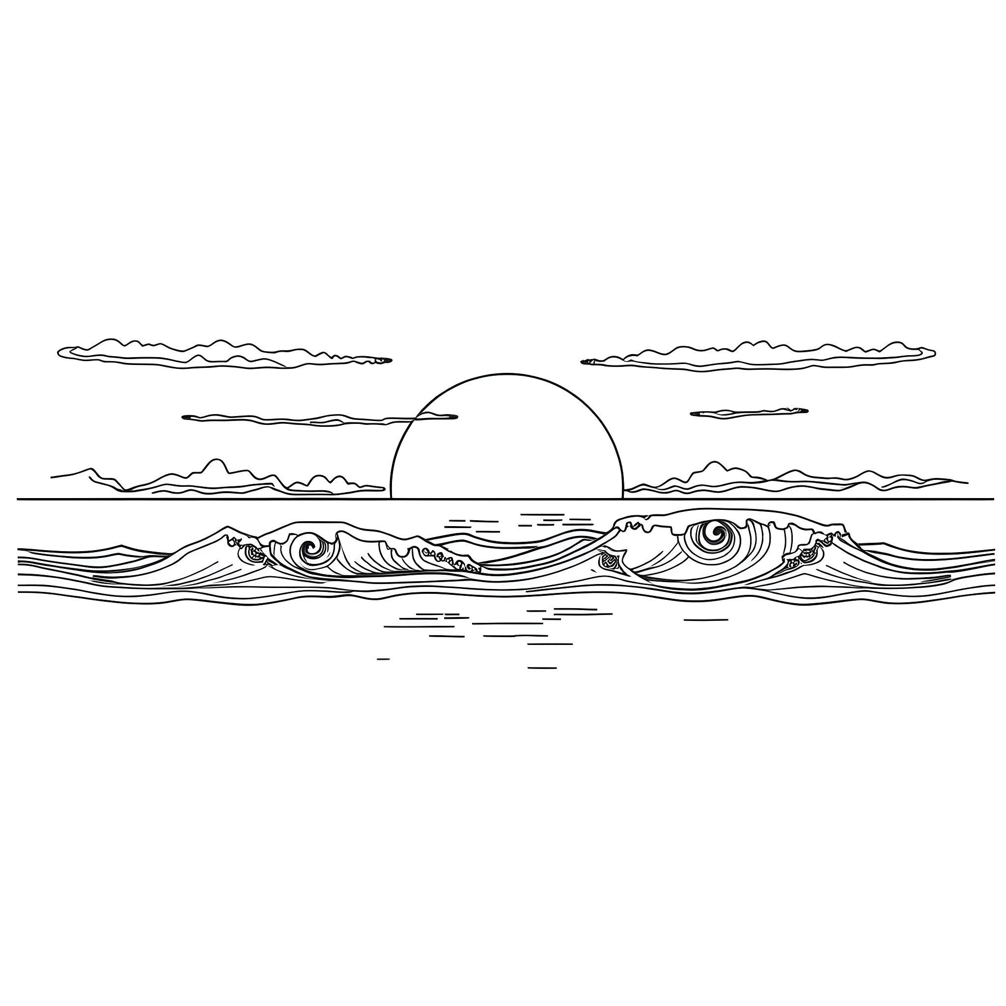 Ocean waves and setting sun Coloring Page (free black-and-white line drawing printable PDF for all, from beginners to advanced learners, including children, teens, adults, and seniors)