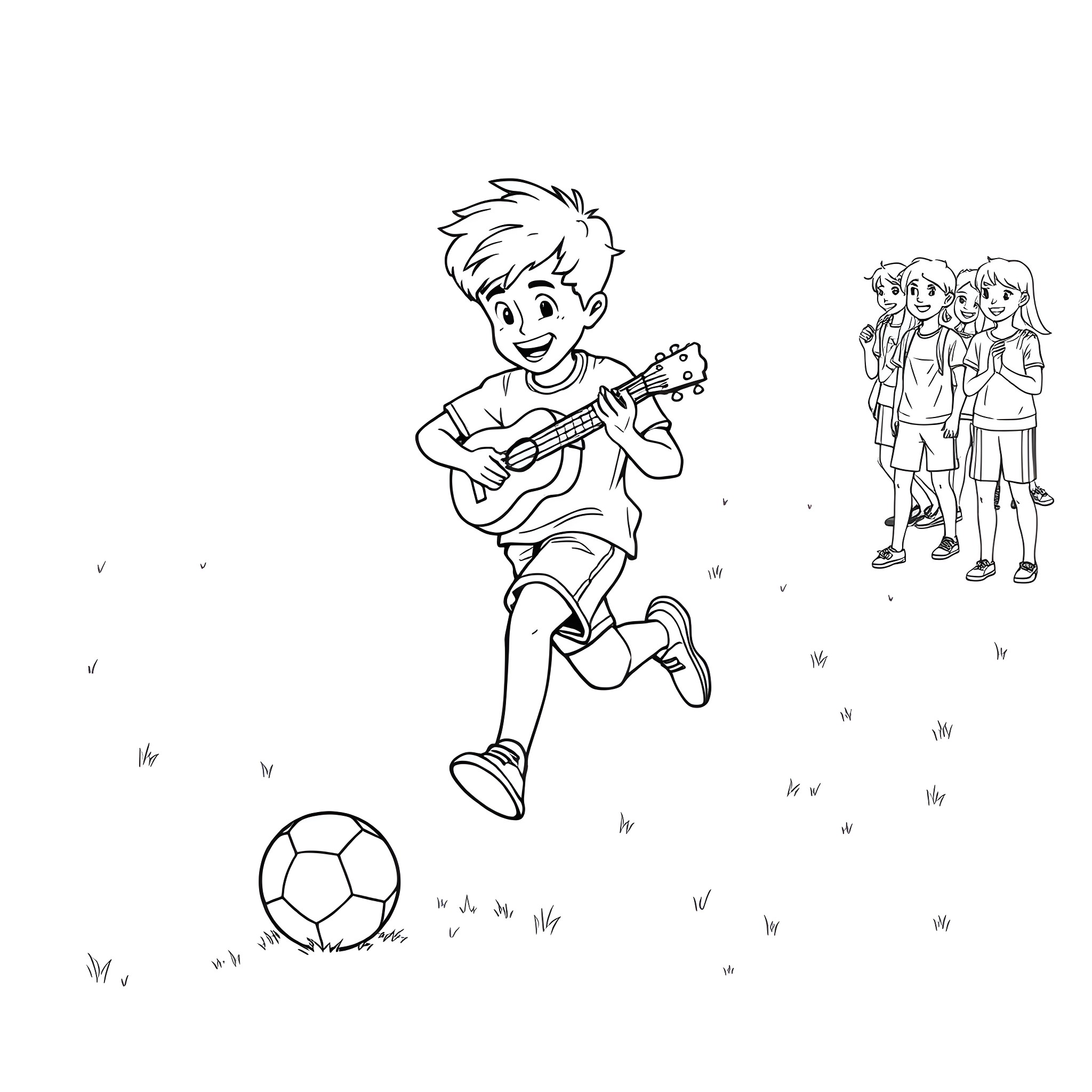 Boy playing guitar and kicking soccer ball Coloring Page (free black-and-white line drawing printable PDF for all, from beginners to advanced learners, including children, teens, adults, and seniors)