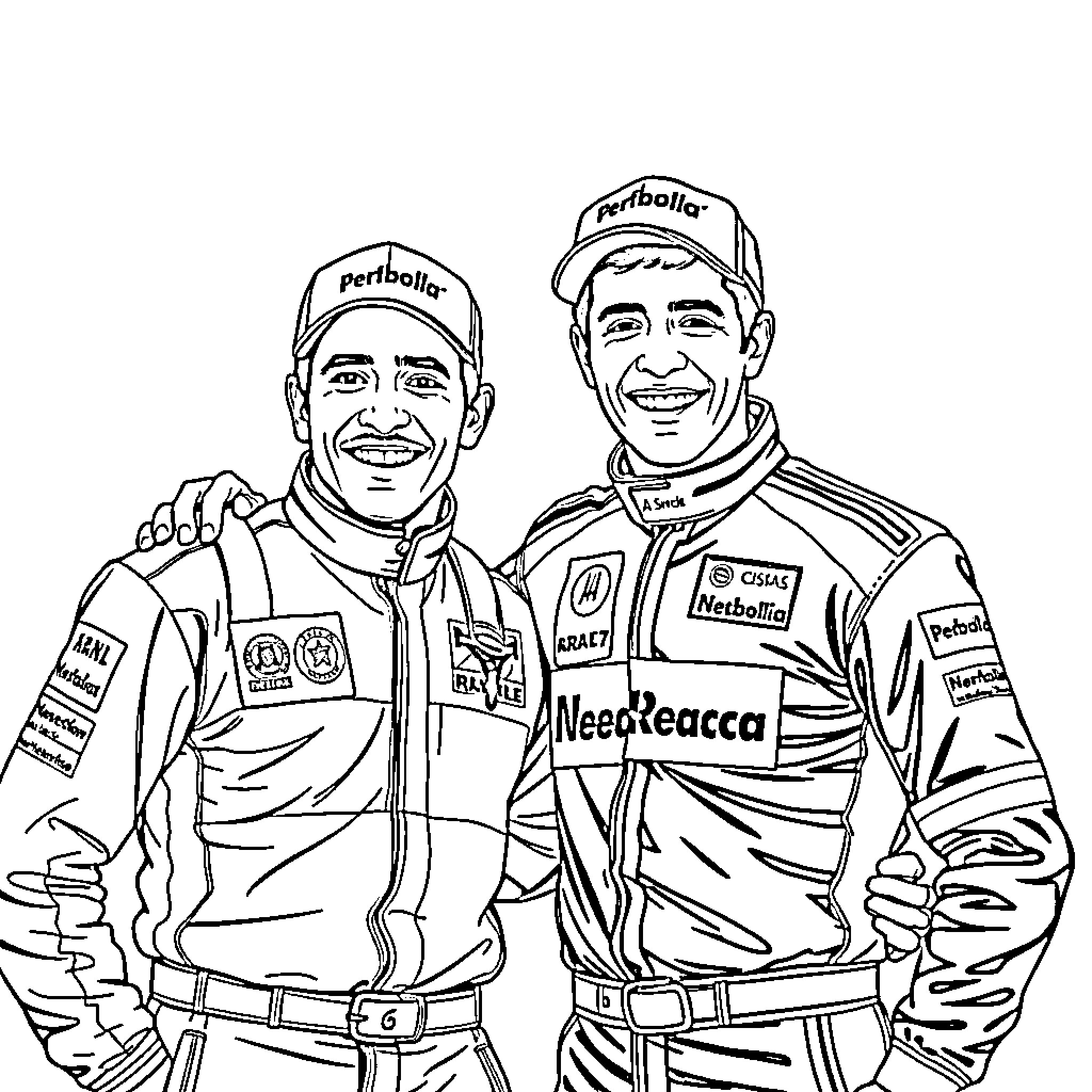 Ayrton Senna and racing partner pose in uniforms Coloring Page (free black-and-white line drawing printable PDF for all, from beginners to advanced learners, including children, teens, adults, and seniors)