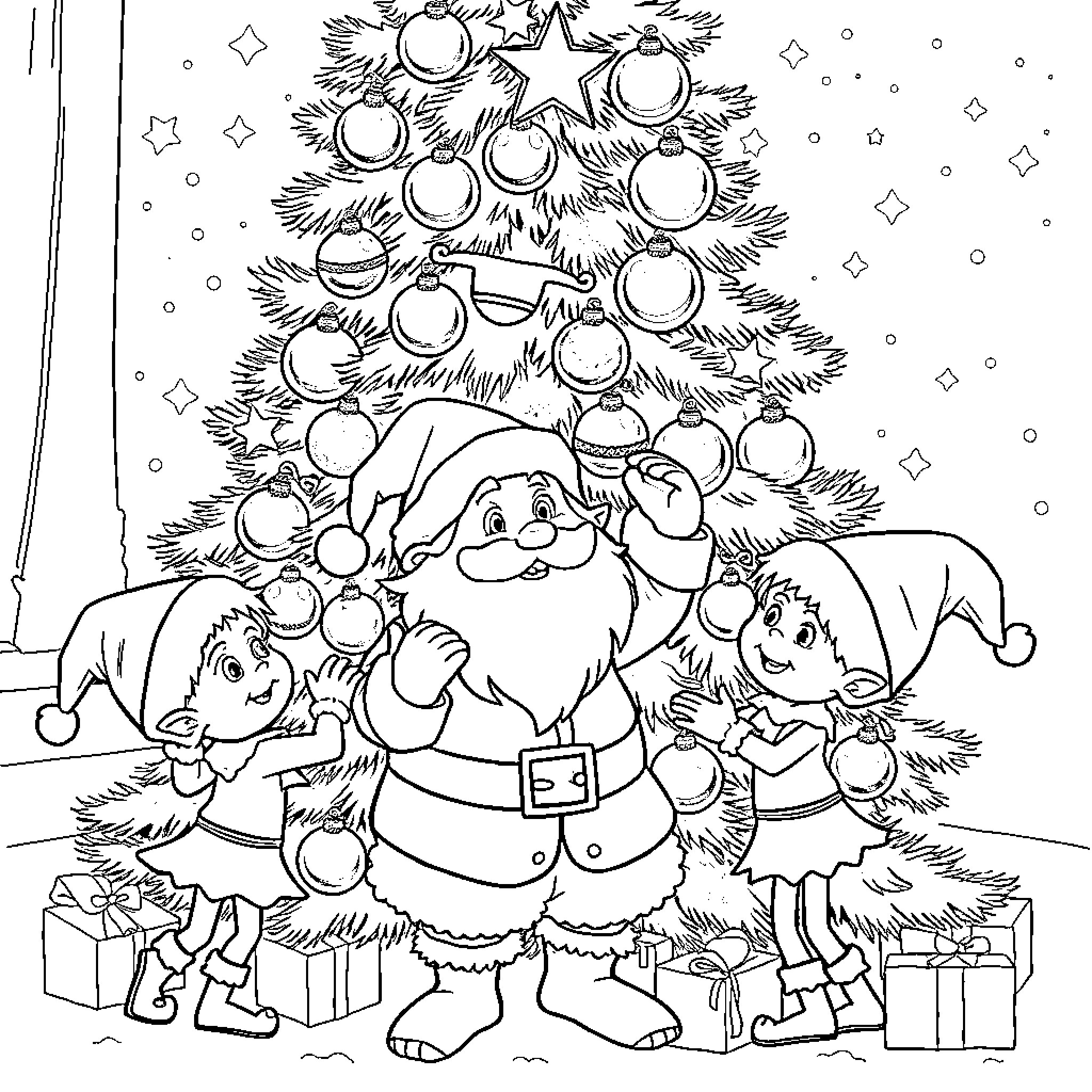 Elf family celebrating Christmas with decorated tree Coloring Page (free black-and-white line drawing printable PDF for all, from beginners to advanced learners, including children, teens, adults, and seniors)