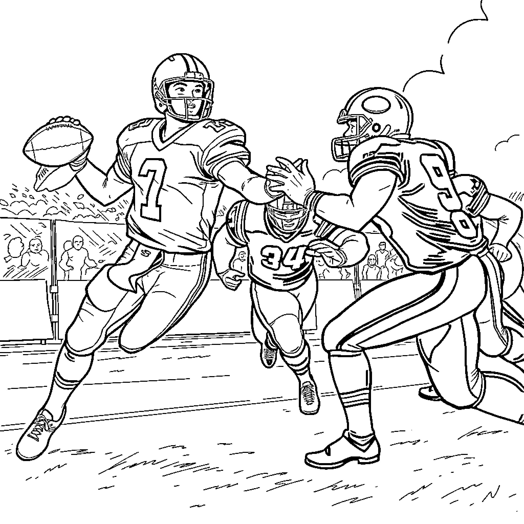 Quarterback makes a pass during football game Coloring Page (free black-and-white line drawing printable PDF for all, from beginners to advanced learners, including children, teens, adults, and seniors)