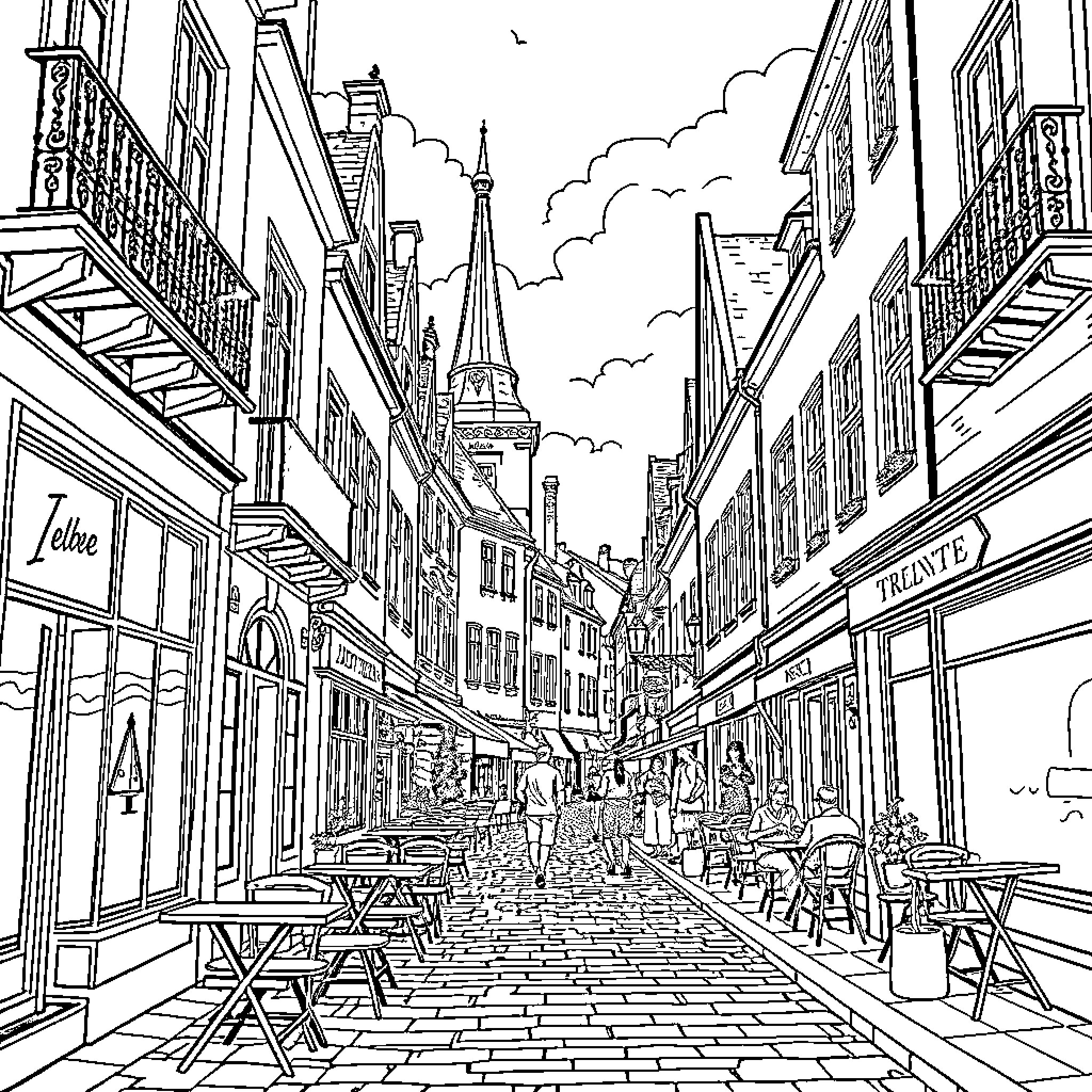 Tournai: Bustling Street Scene with Shops and Cafes Coloring Page (free black-and-white line drawing printable PDF for all, from beginners to advanced learners, including children, teens, adults, and seniors)