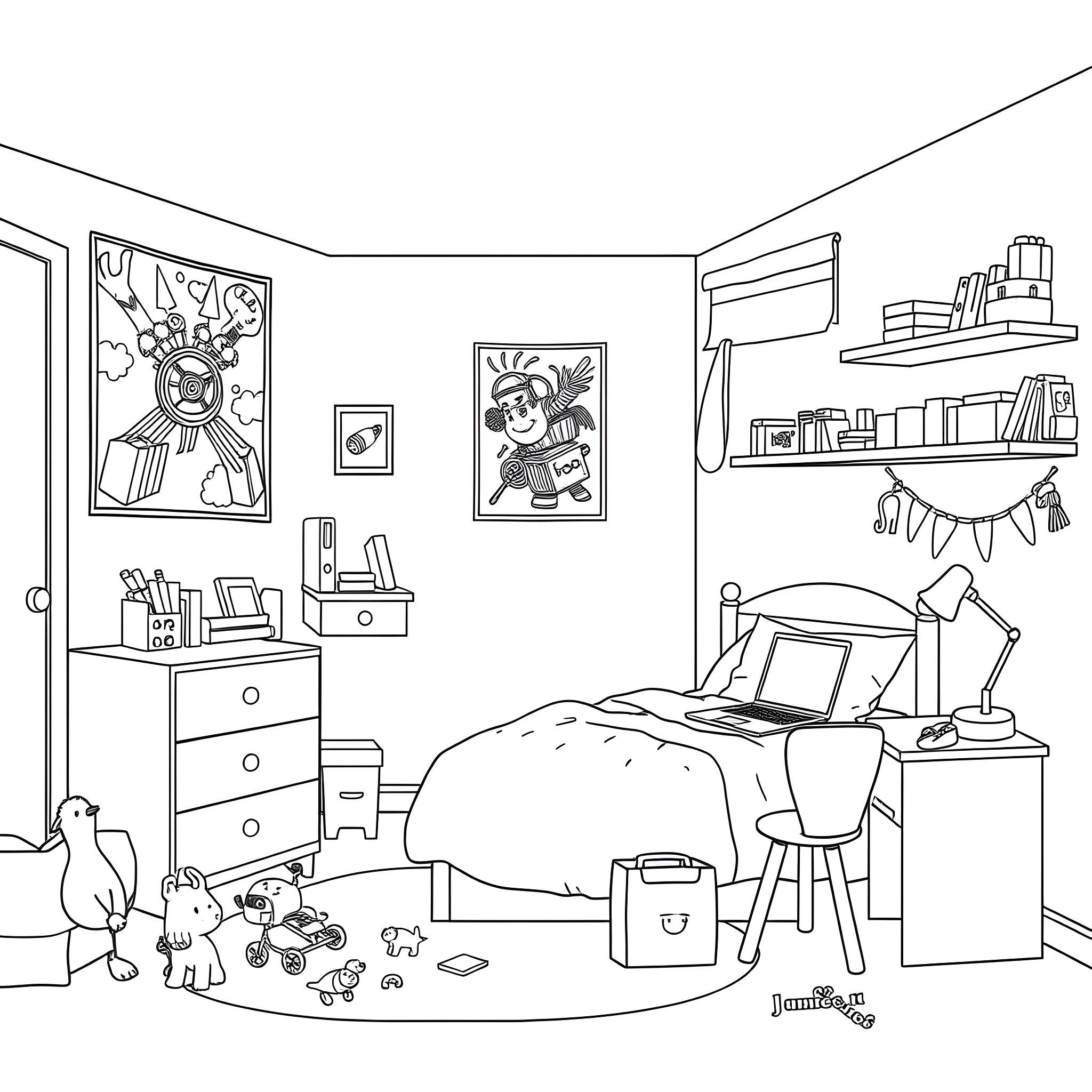 Boy's bedroom with toys and decorations Coloring Page (free black-and-white line drawing printable PDF for all, from beginners to advanced learners, including children, teens, adults, and seniors)