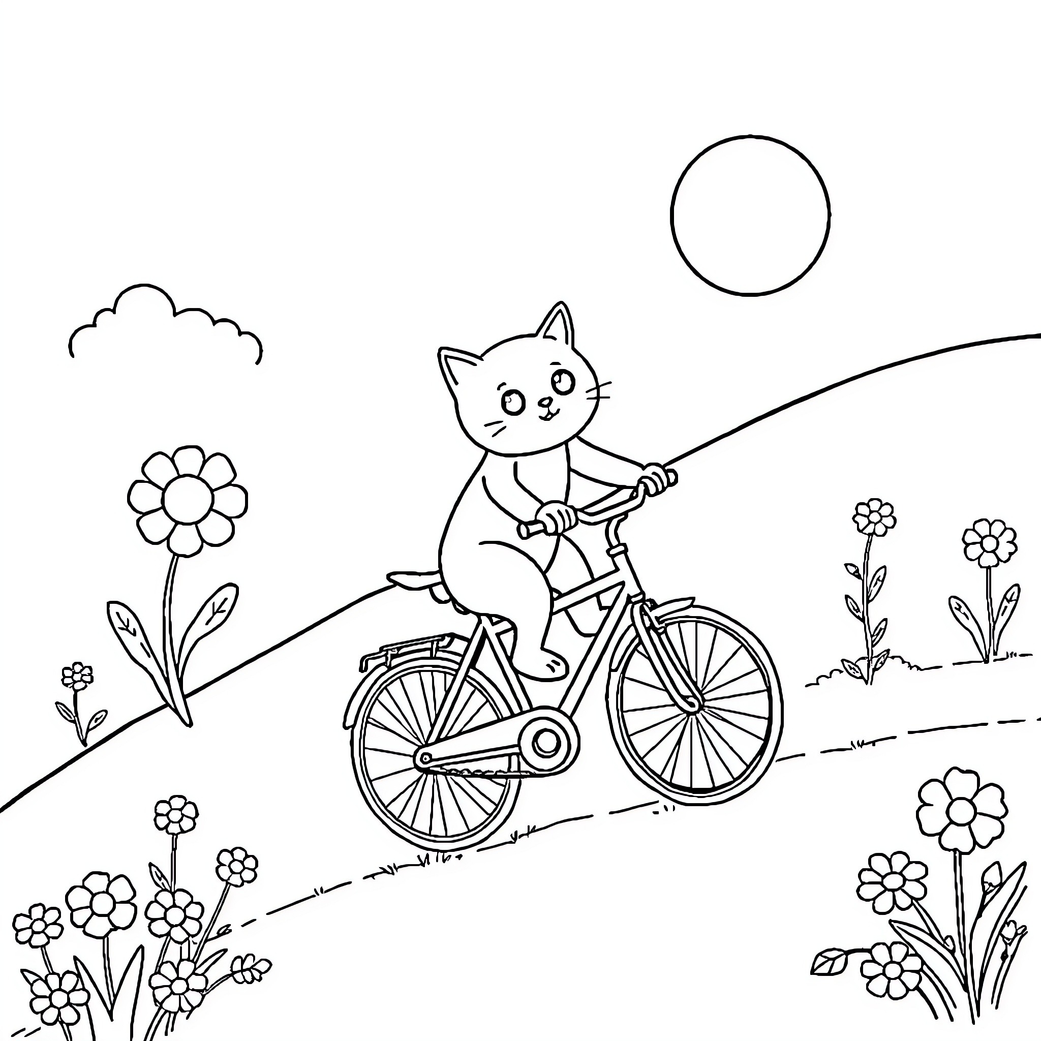 Cat riding a bicycle through a floral landscape Coloring Page (free black-and-white line drawing printable PDF for all, from beginners to advanced learners, including children, teens, adults, and seniors)