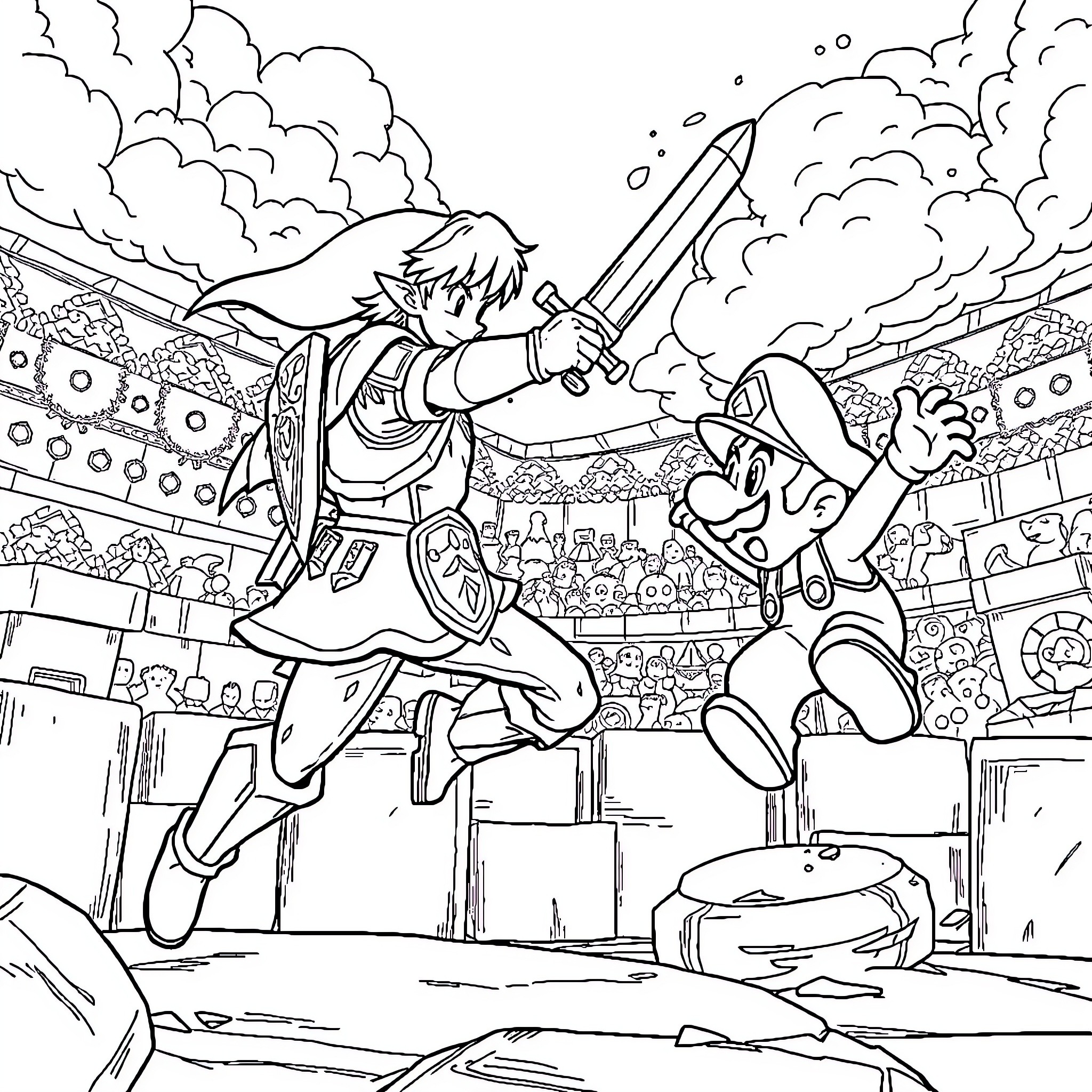 Link fighting with Mario in an arena Coloring Page (free black-and-white line drawing printable PDF for all, from beginners to advanced learners, including children, teens, adults, and seniors)