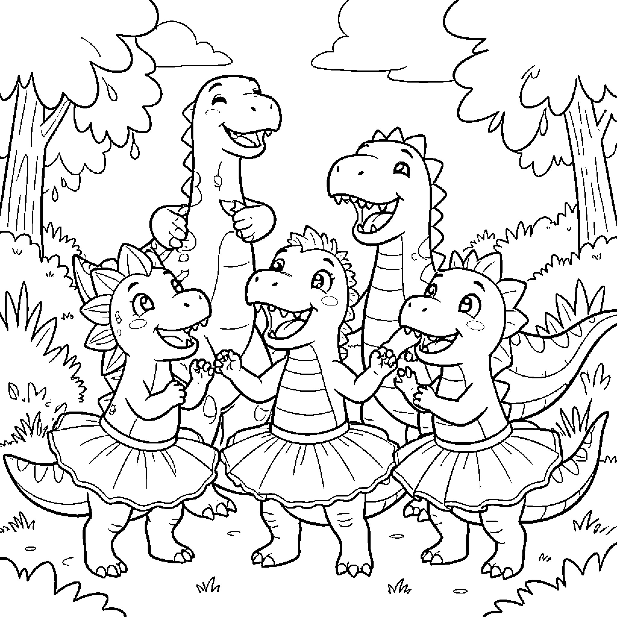 Dinosaur dancing happily in the forest Coloring Page (free black-and-white line drawing printable PDF for all, from beginners to advanced learners, including children, teens, adults, and seniors)