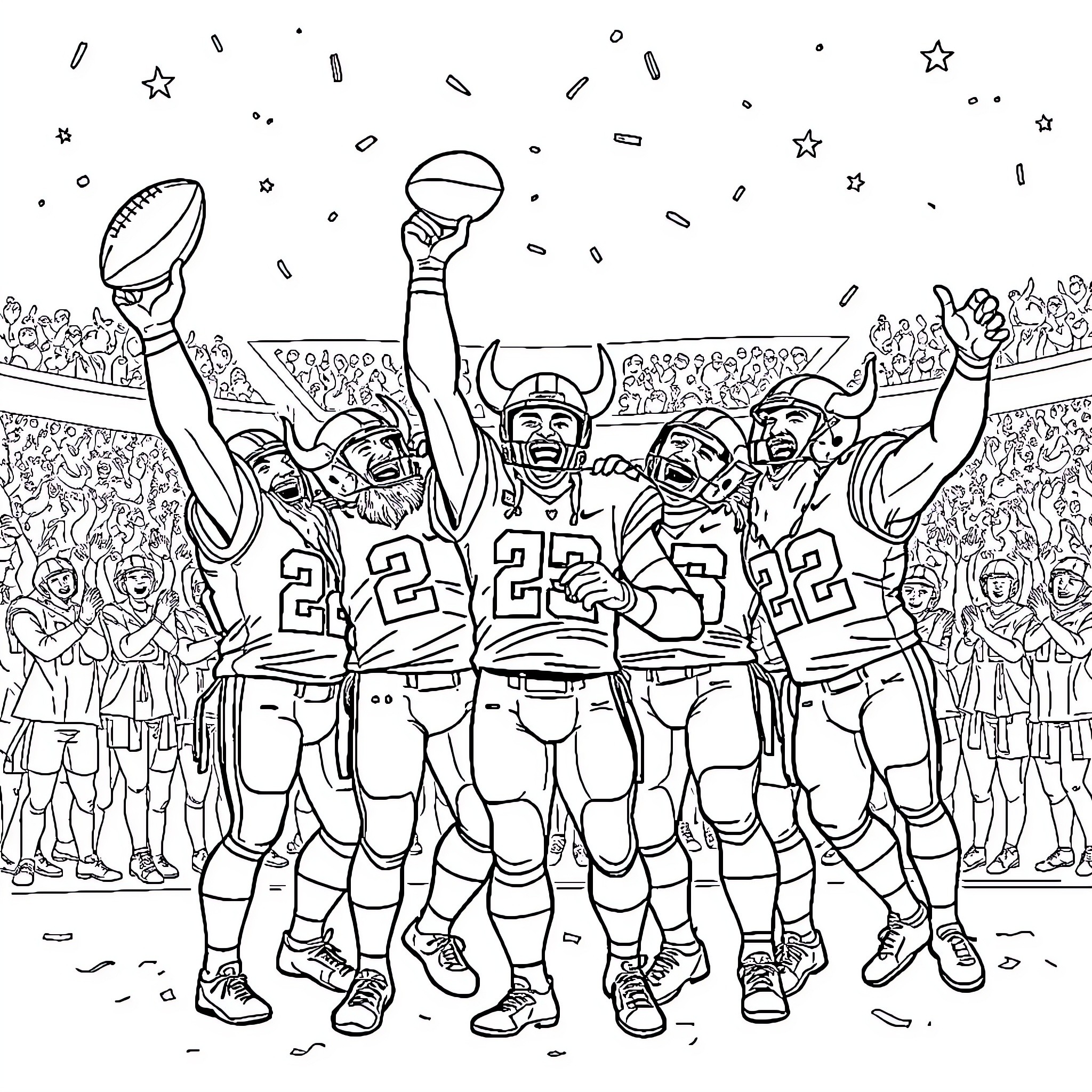 Minnesota Vikings Celebrating Football Victory Coloring Page (free black-and-white line drawing printable PDF for all, from beginners to advanced learners, including children, teens, adults, and seniors)