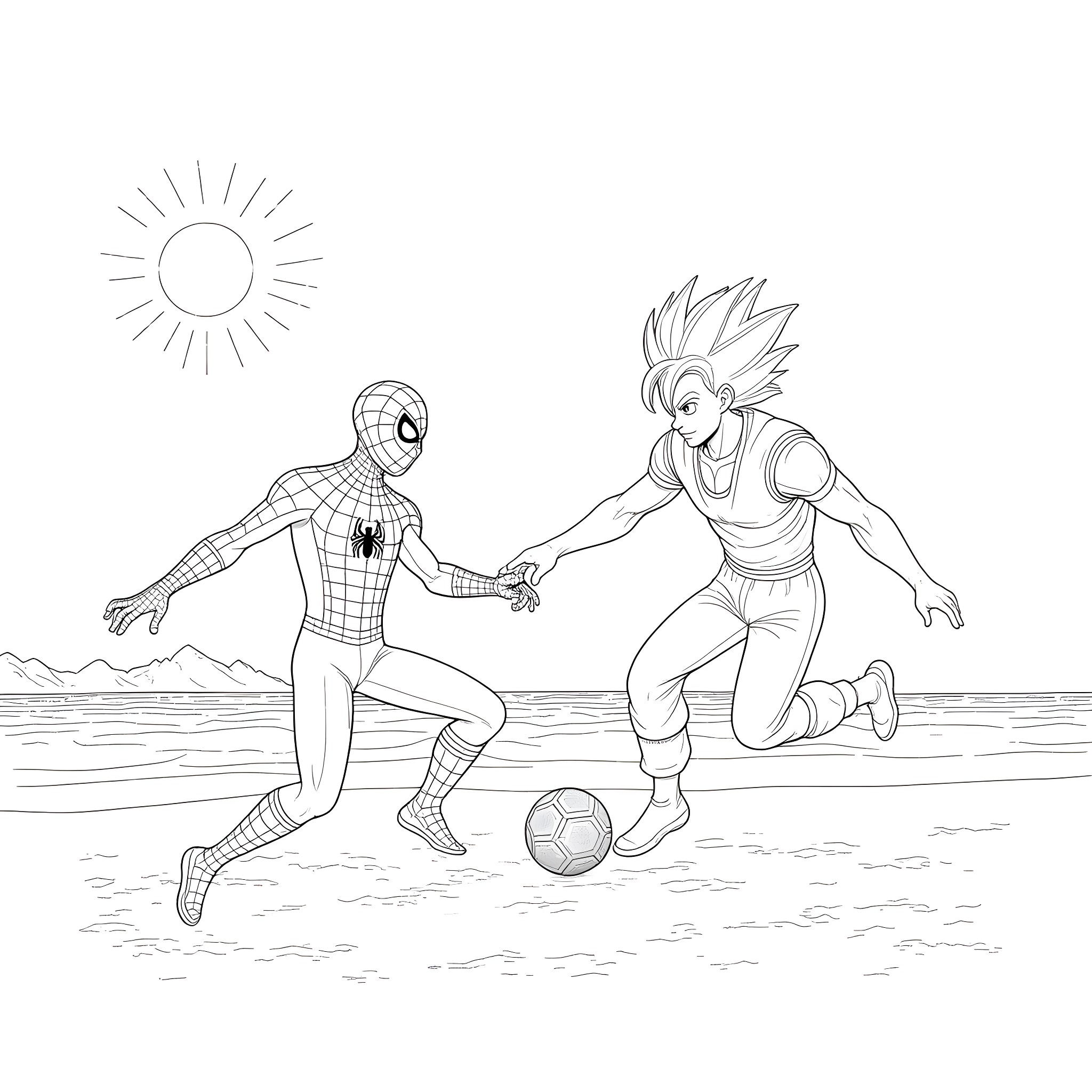 Spider-Man and friend playing soccer on the beach Coloring Page (free black-and-white line drawing printable PDF for all, from beginners to advanced learners, including children, teens, adults, and seniors)