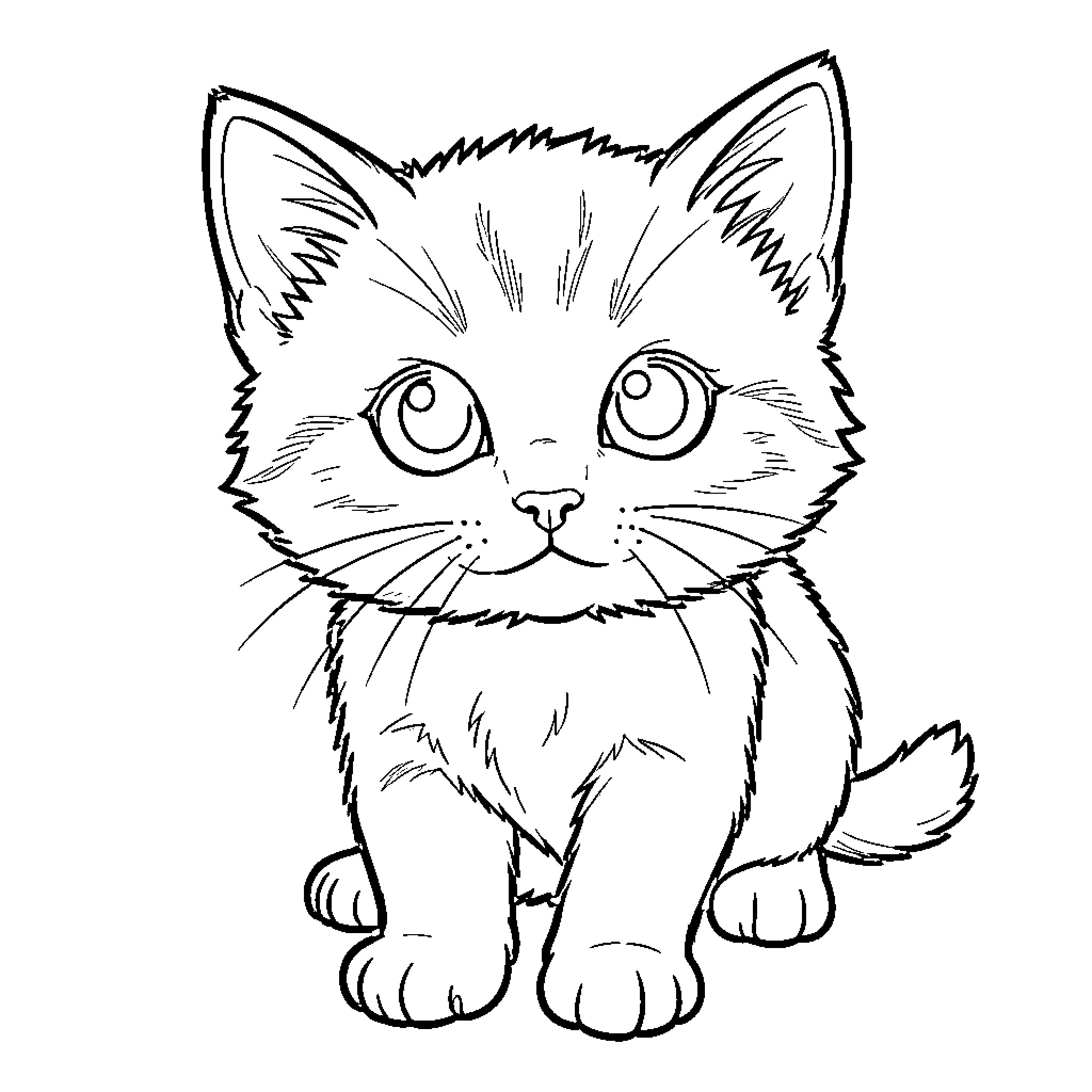 Cat sitting curiously with large eyes Coloring Page (free black-and-white line drawing printable PDF for all, from beginners to advanced learners, including children, teens, adults, and seniors)