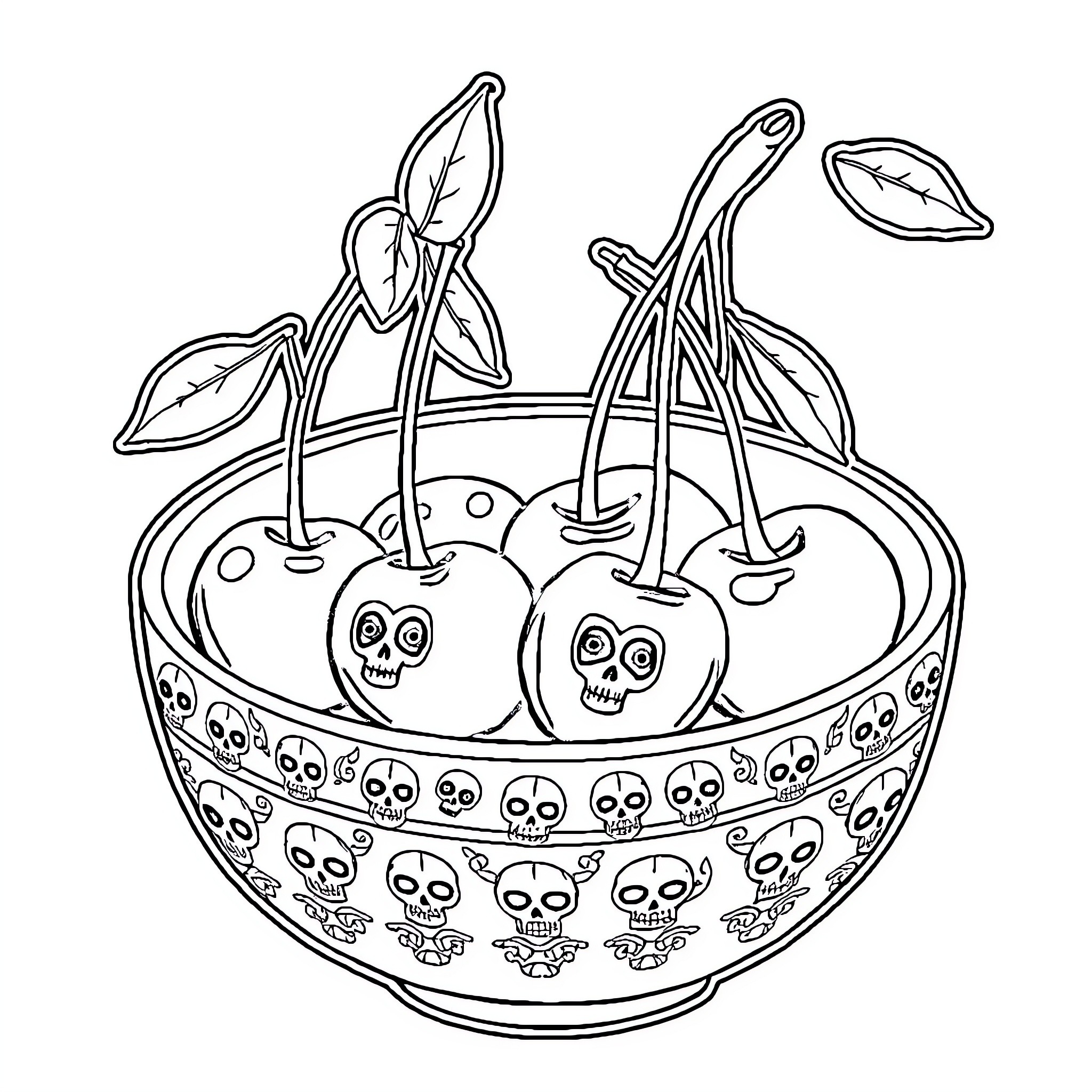 Skull Apples in a Bowl with Patterns Coloring Page (free black-and-white line drawing printable PDF for all, from beginners to advanced learners, including children, teens, adults, and seniors)
