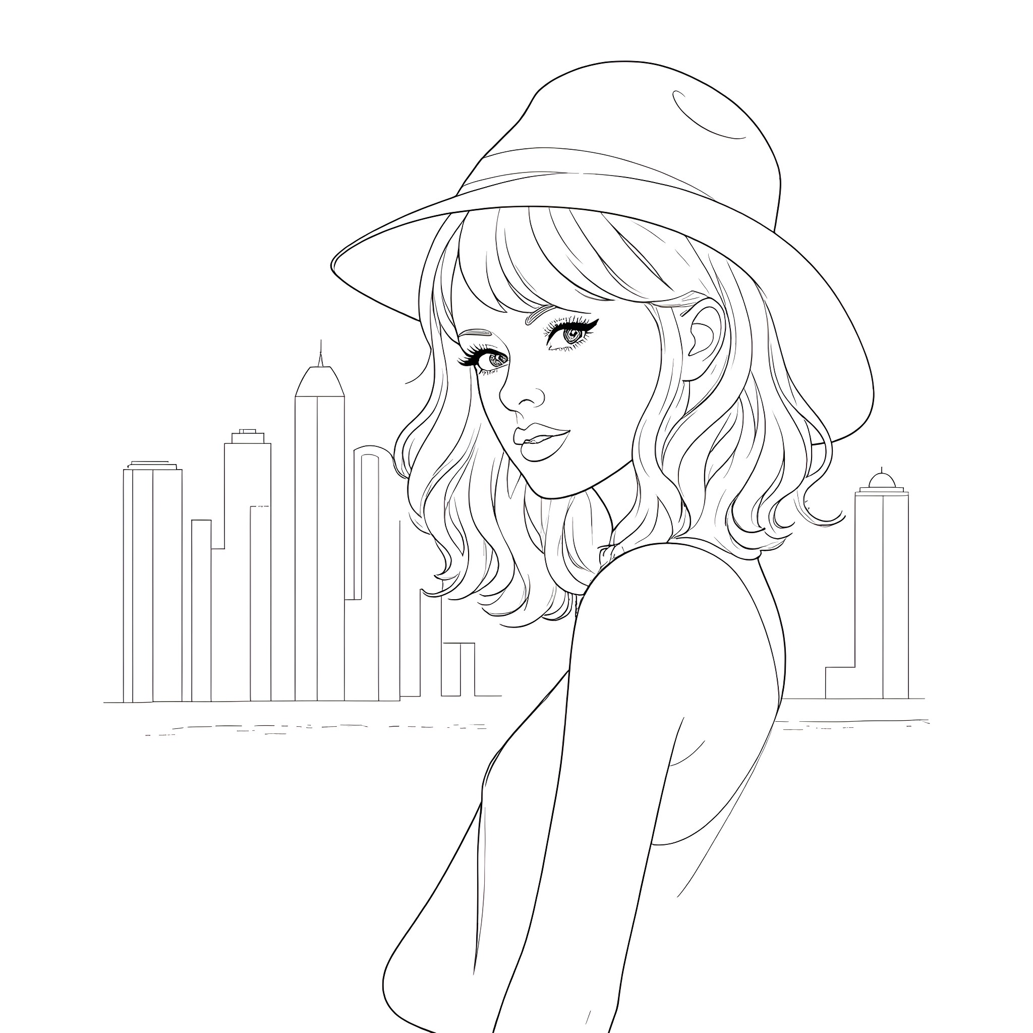 Taylor posing stylishly in the city skyline Coloring Page (free black-and-white line drawing printable PDF for all, from beginners to advanced learners, including children, teens, adults, and seniors)