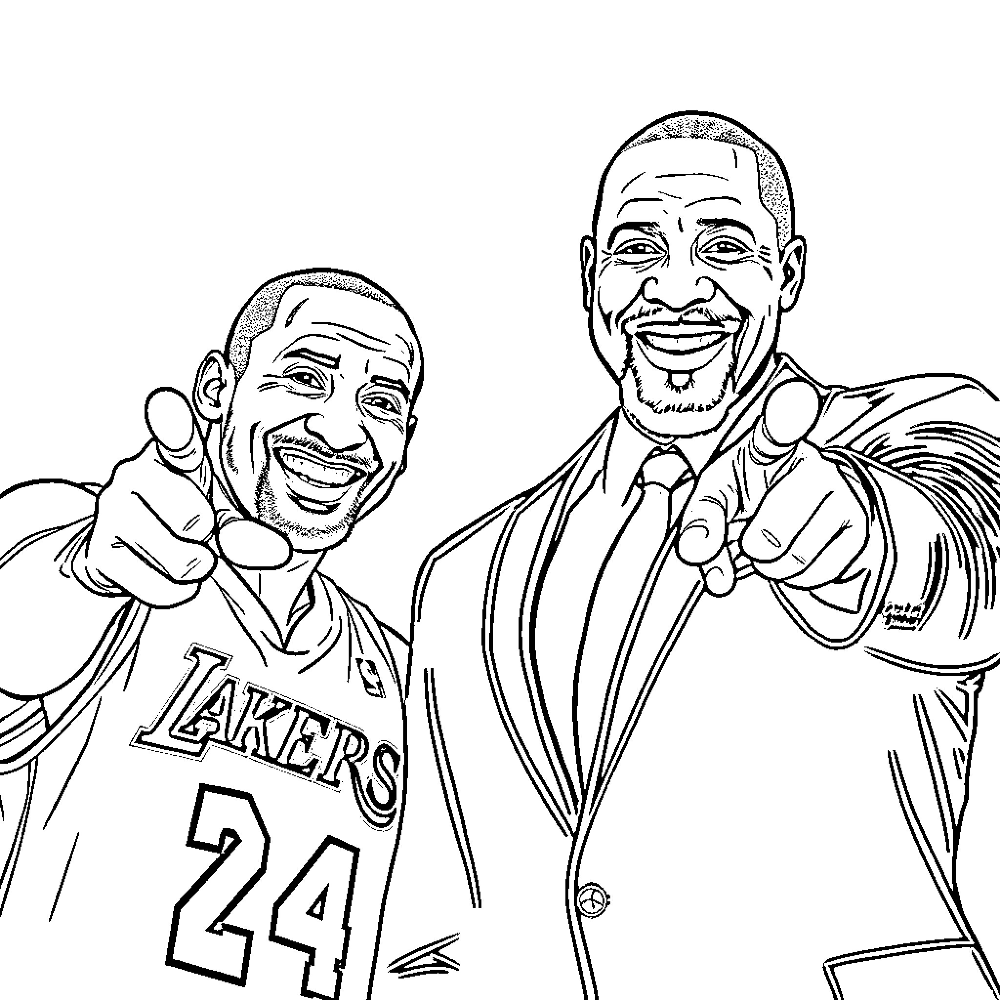 Kobe Bryant and Coach Celebrating Victory Coloring Page (free black-and-white line drawing printable PDF for all, from beginners to advanced learners, including children, teens, adults, and seniors)